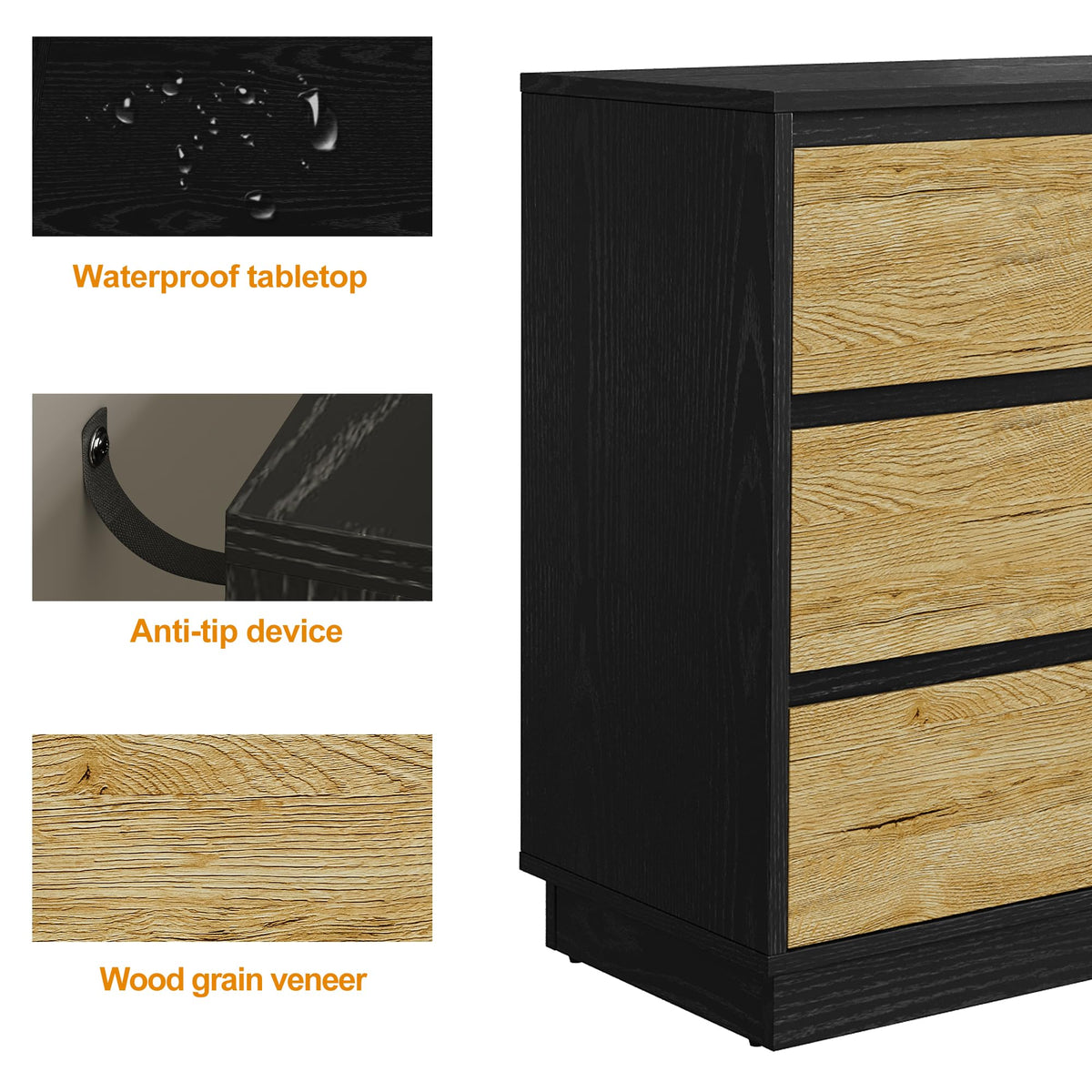 RoyaCraft Wide Nightstand with 3 Drawers, Black Nightstand for Bedroom, Large End Table Bedside Table for Living Room, Black and White