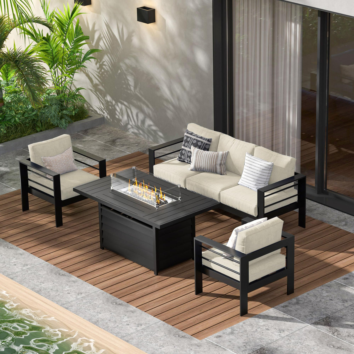 CozyHome Aluminum Outdoor Patio Furniture Set,5 Seats Modern Patio Sectional Sofa Conversation Set, Outdoor Seating Set with Fire Pit Table for Deck Garden Backyard, Beige