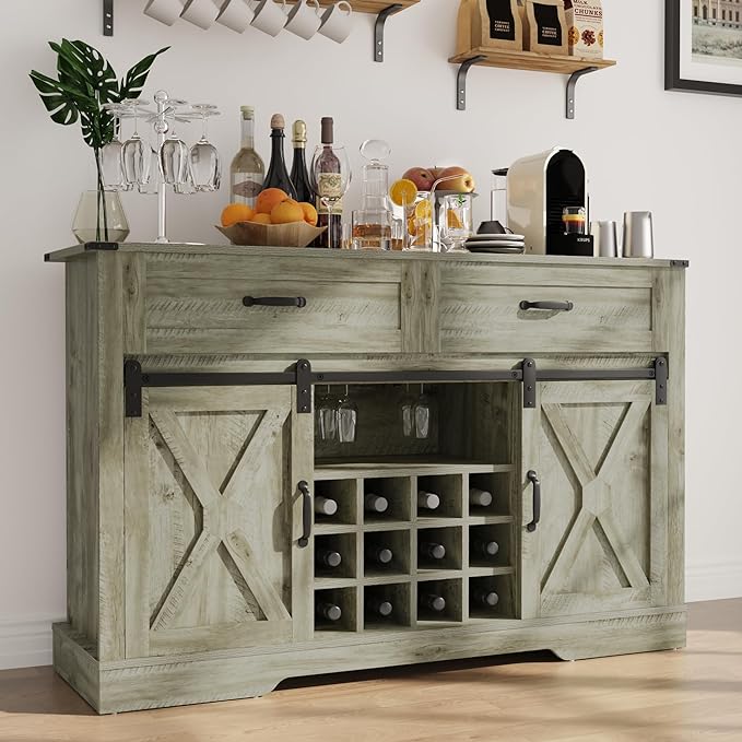 Royalcraft Farmhouse Coffee Bar Cabinet, 52" Wine Cabinet with Sliding Barn Door, Adjustable Shelves, and Steam Holder, Buffet Sideboard Cabinet for Dining Room, Living Room