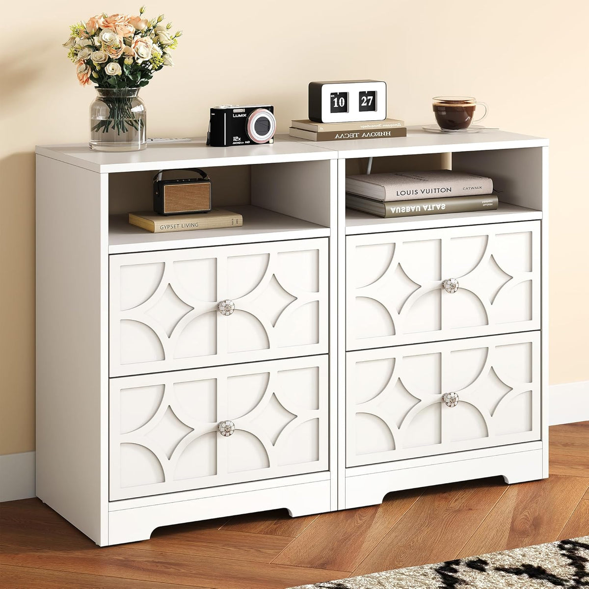 RoyalCraft Large Nightstand with 2 Drawers, Modern Side Table with Charging Station, Accent End Table with Diamond Carvings, Storage Cabinet for Living Room, Bedroom, Entryway, Set of 2