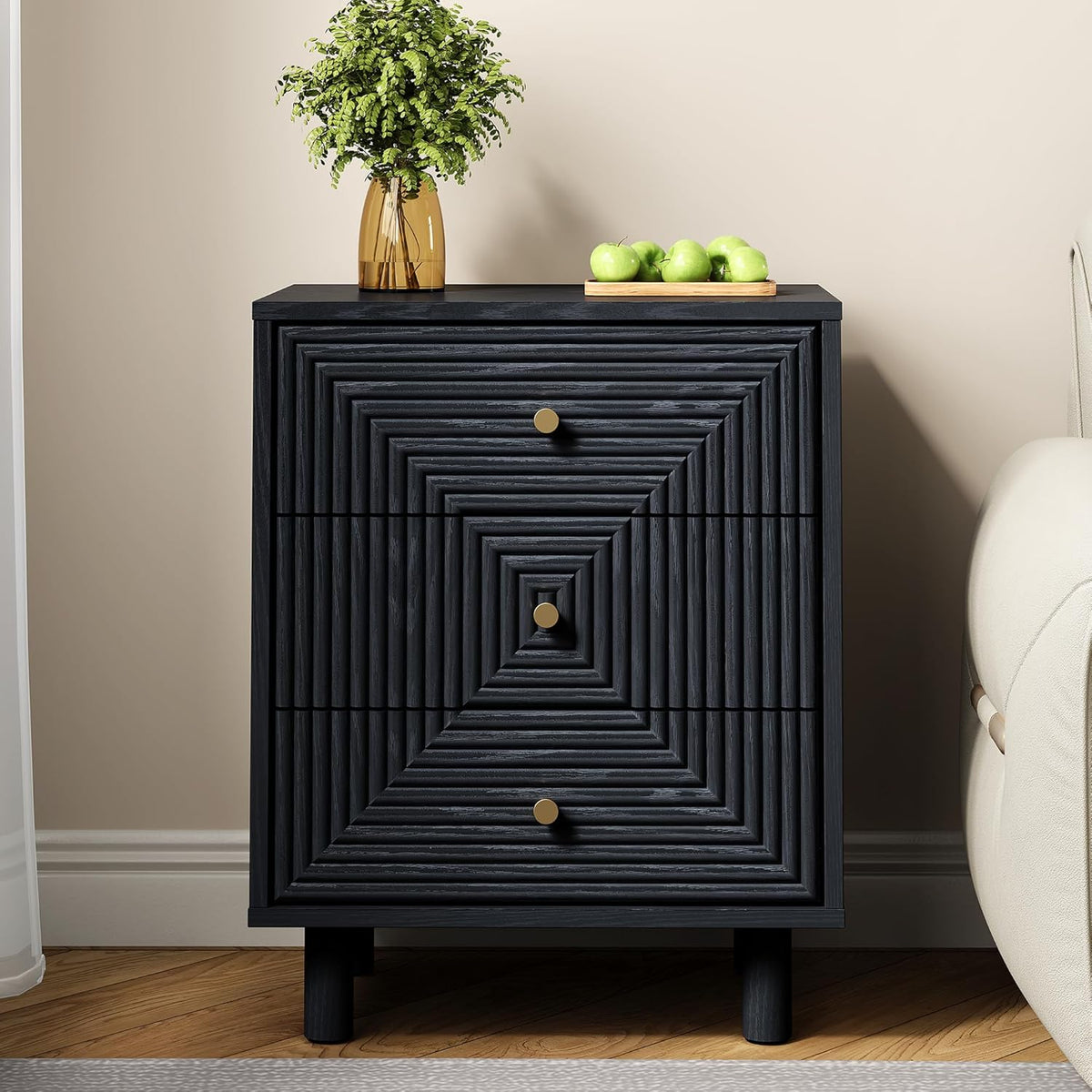 RoyalCraft 3 Drawer Nightstand, Small Dresser with Solid Wood Legs, Wooden Storage Night Stand Side Table, Modern Chest of Drawers Organizer for Bedroom, Living Room, Entryway