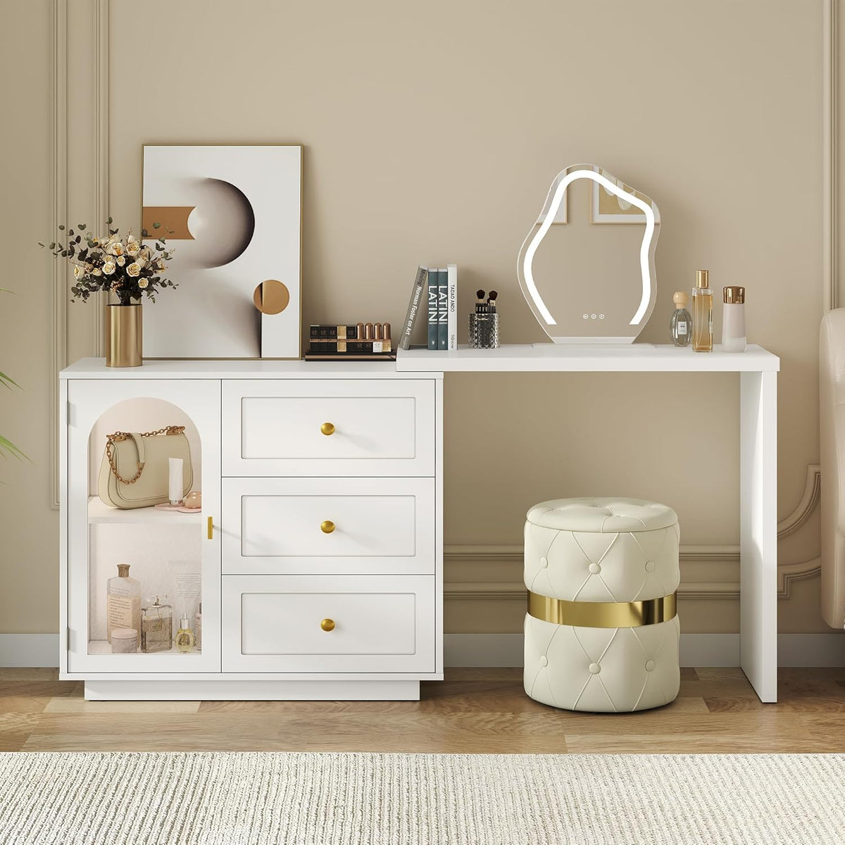 RoyalCraft 59¡± Large Extendable Makeup Vanity Desk, Corner Vanity Table with 3 Drawer & 1 Door, Modern Dressing Table and Chest of Drawers Combo, Accent Vanity for Bedroom, Dressing Room