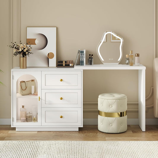 RoyalCraft 59¡± Large Extendable Makeup Vanity Desk, Corner Vanity Table with 3 Drawer & 1 Door, Modern Dressing Table and Chest of Drawers Combo, Accent Vanity for Bedroom, Dressing Room