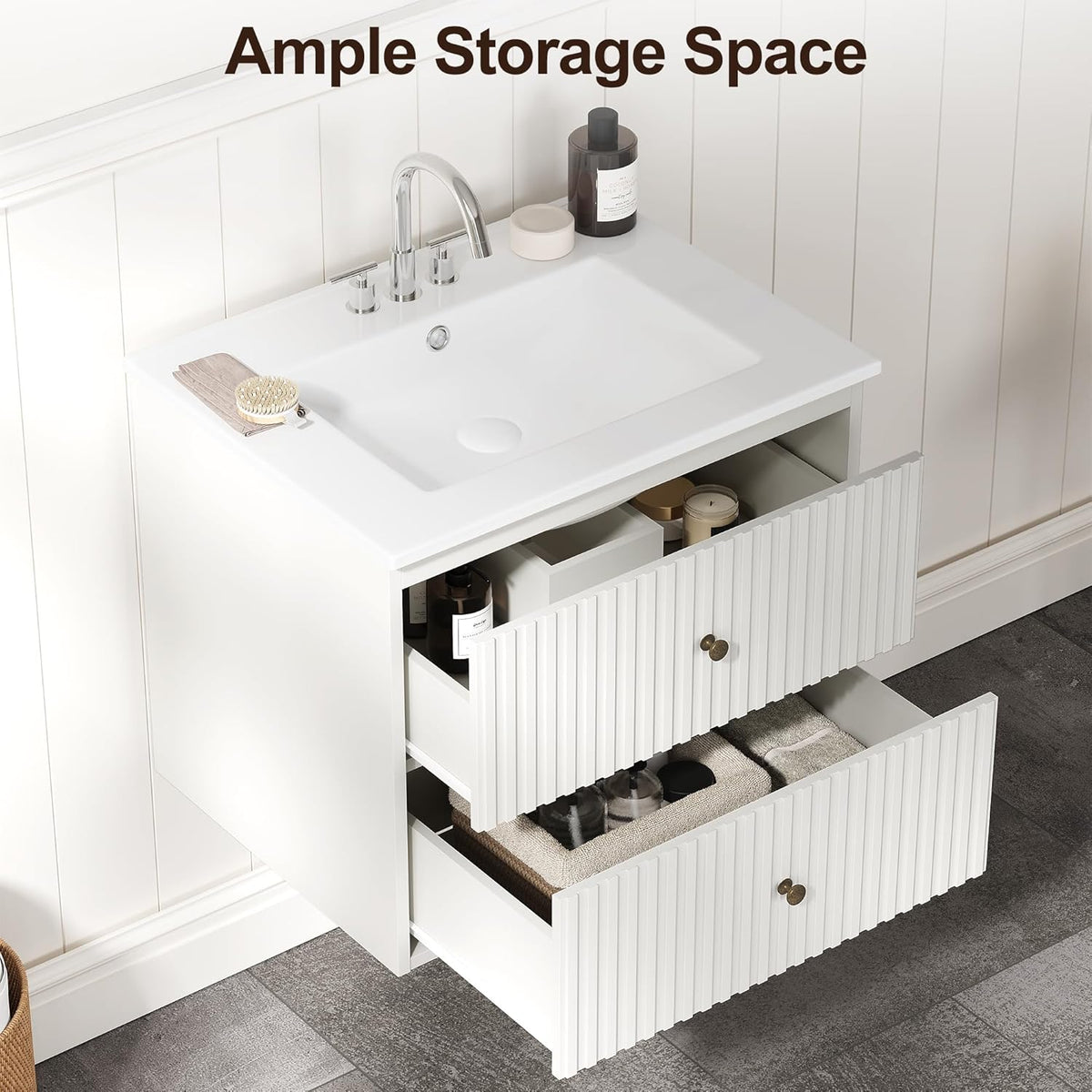 Royalcraft 24'' Bathroom Vanity with Sink, Floating Bathroom Vanity Sink Cabinet with 2 Fluted Drawers, Wall Mounted Bathroom Storage Cabinet with Sink Combo Set, White