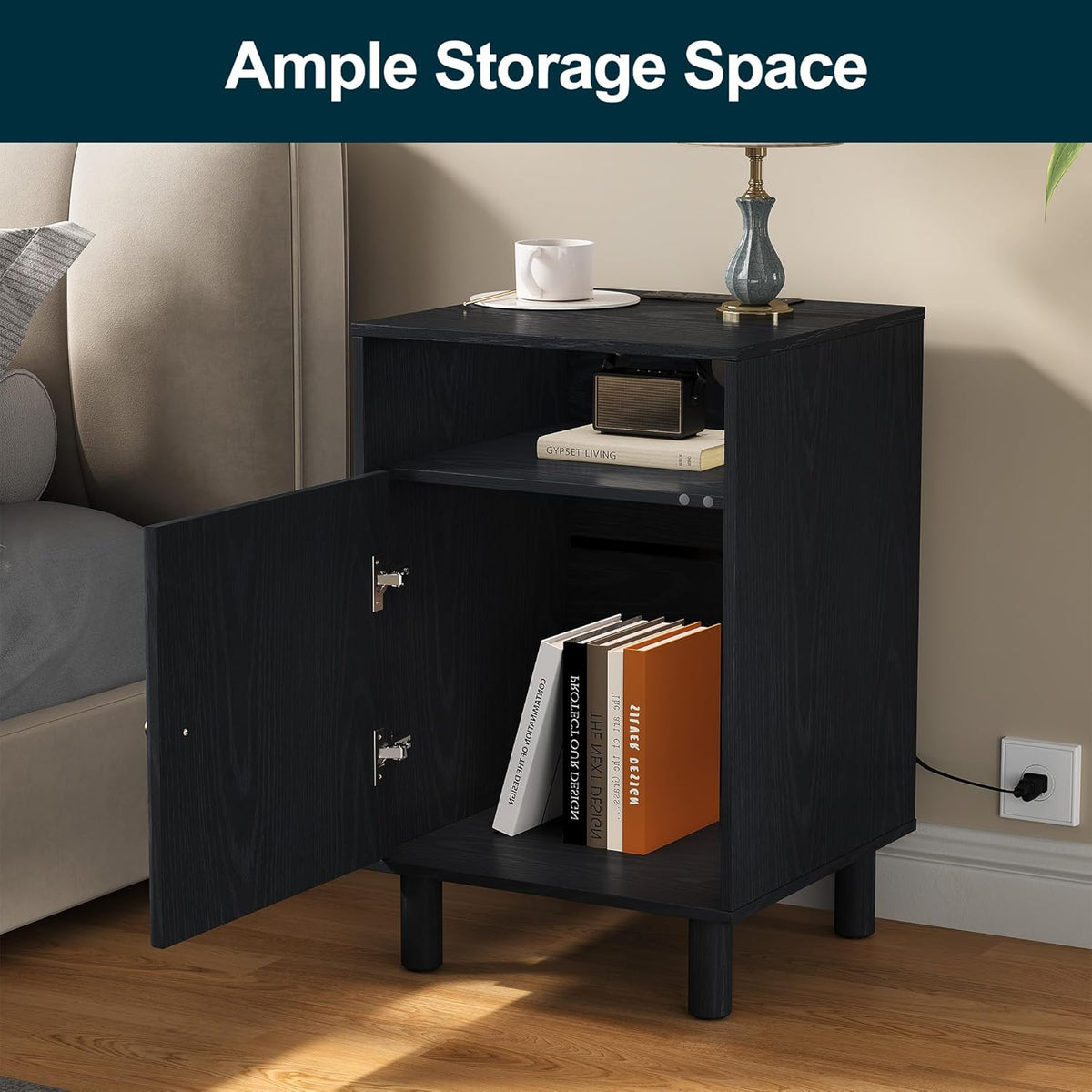 Royalcraft Nightstand with 1 Door, Modern Side Table with Charging Station,  Accent End Table with Solid Wood Legs, Bedside Table for Living Room, Bedroom, Entryway