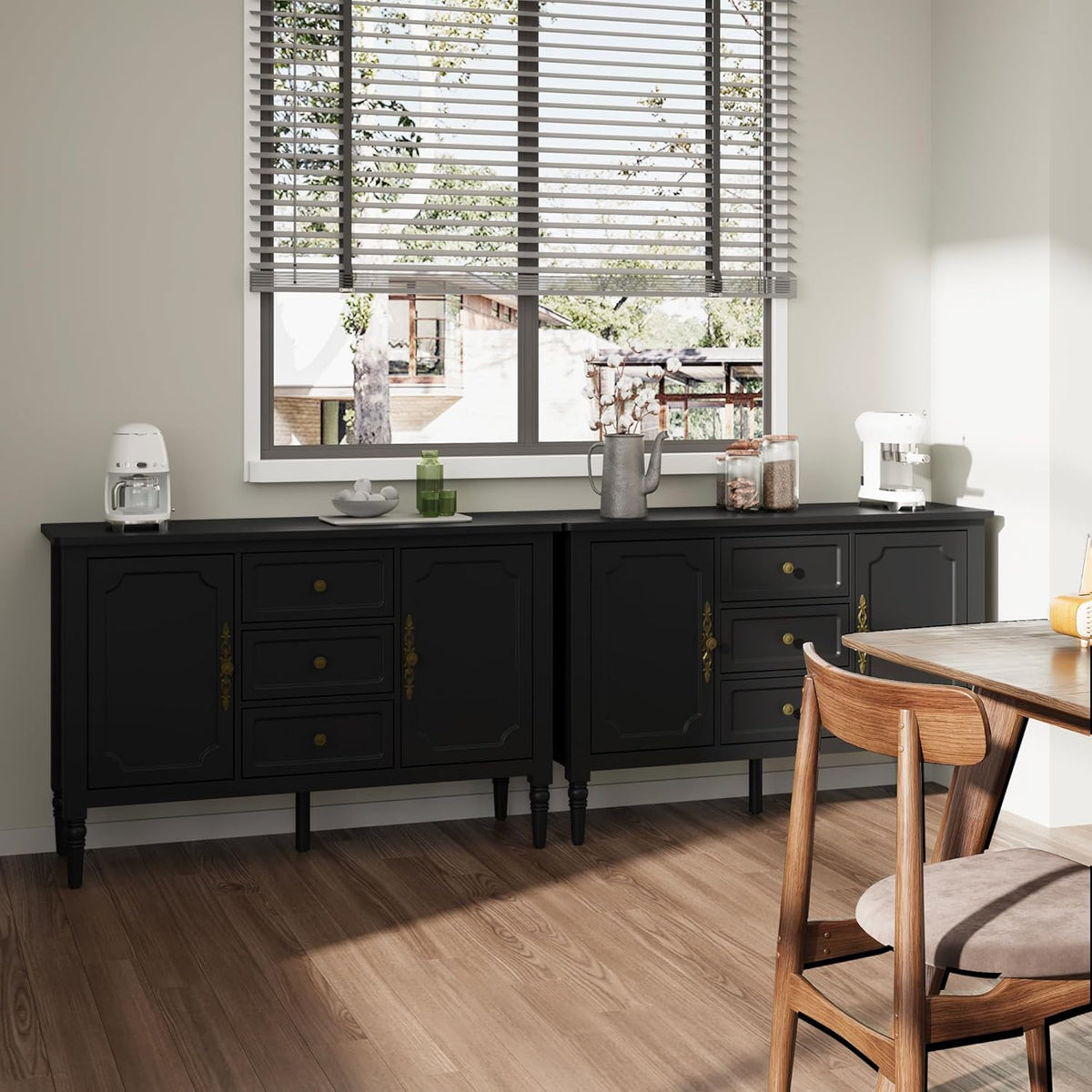 RoyalCraft Storage Cabinet with 2 Doors & 3 Drawers, Mid-Century Sideboard Cabinet with Adjustable Shelves, Wood Buffet Cabinet with Turned Legs, Ideal for Entryway, Living Room, Dining Room