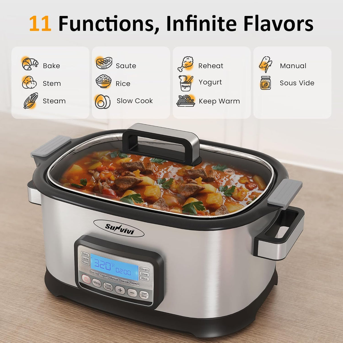 Royalcraft 11-in-1 Multi Slow Cooker Roaster Oven, 6.5QT Sliver Digital Programmable Slow Cooker with Rack, Large Removable Nonstick Crock, Glass Lid, Multicooker with Timer Temp Control, Delay Start