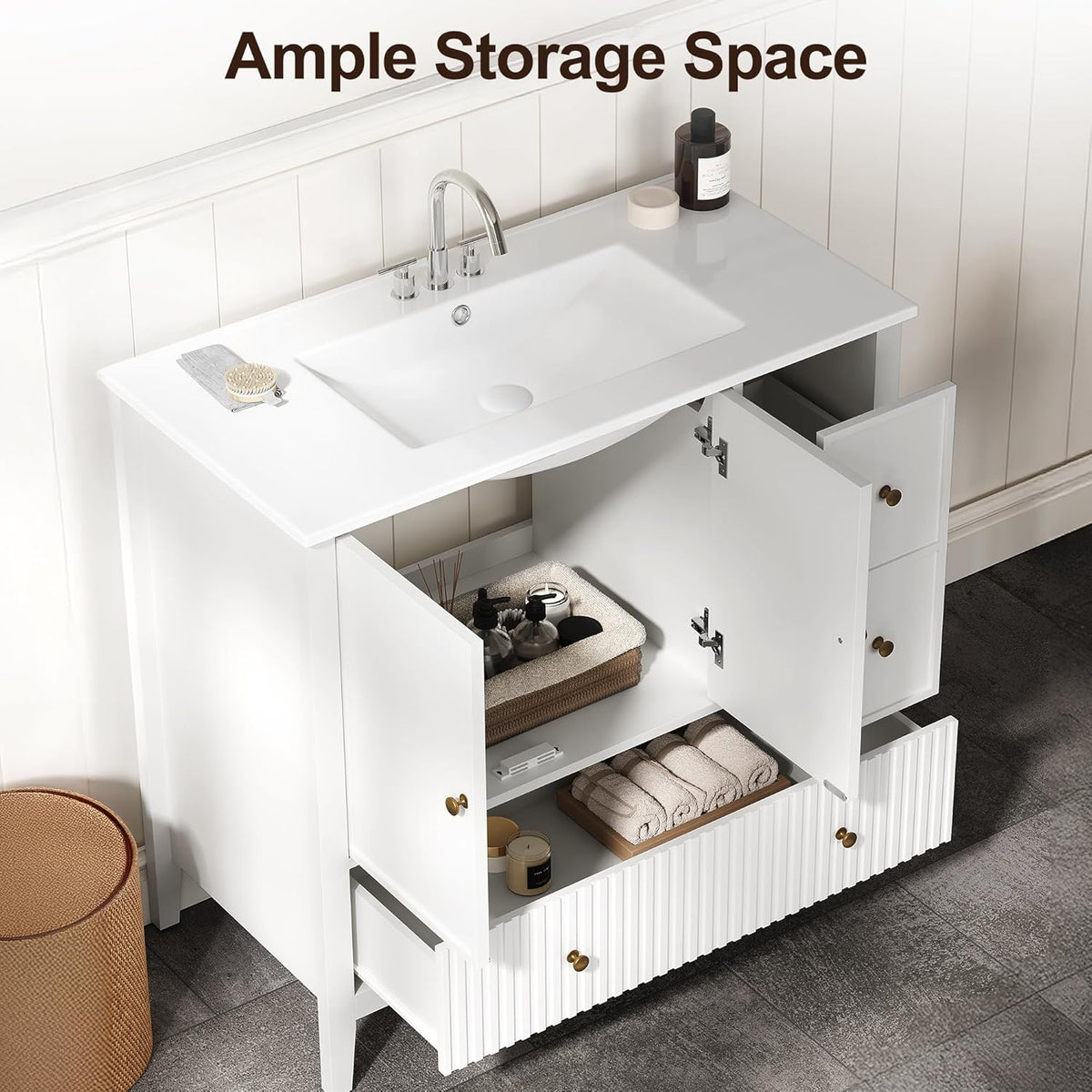 Royalcraft 36'' Bathroom Vanity with Sink, Modern Bathroom Vanity Sink Cabinet with Doors and Fluted Drawers, Free Standing Bathroom Storage Cabinet with Sink Combo Set, White