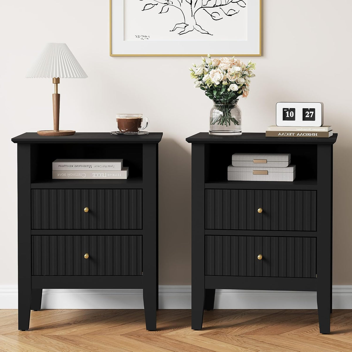 RoyalCraft Fluted Nightstand Set of 2, Modern Wooden Sofa Table with 2 Drawers for Small Spaces, Tall End Table for Bedroom, Living Room, Couch Coffee Table