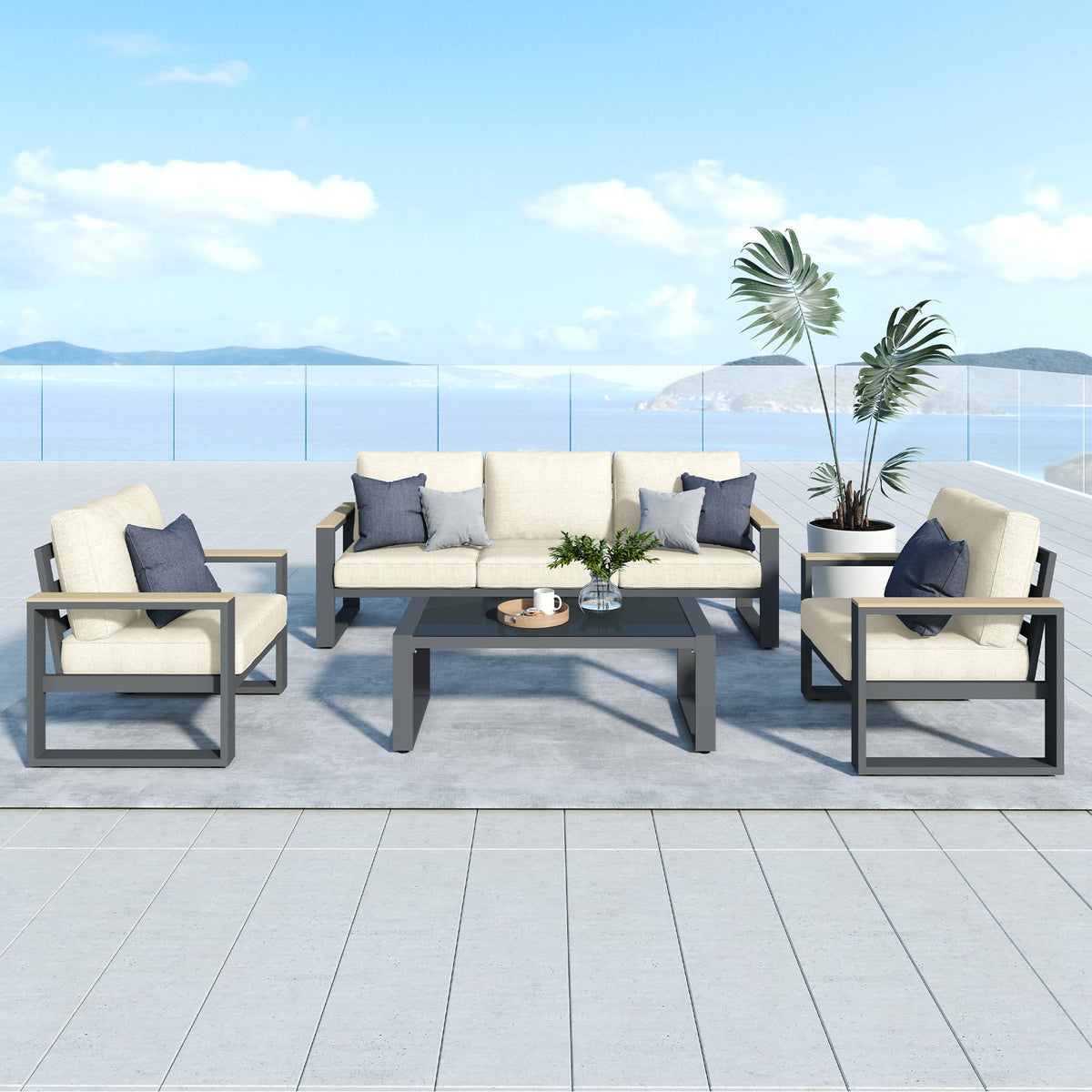 CozyHome Aluminum Patio Furniture, 5-Seats Metal Outdoor Furniture Set with Coffee Table, Modern Patio Sofa Sets Outdoor Conversation Set for Pool Garden Porch Backyard, Beige