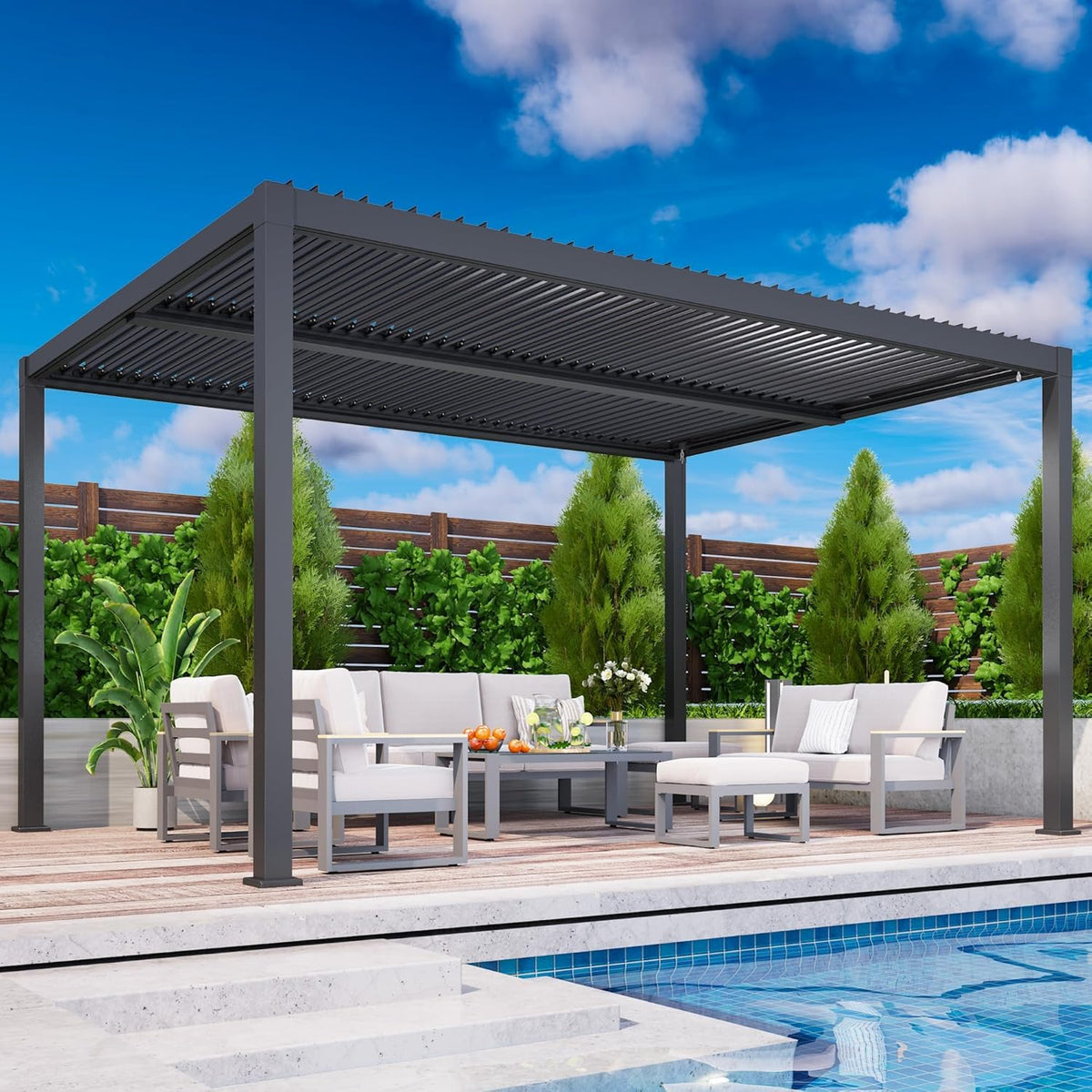 RoyalCraft Louvered Pergola 12'x 16', Aluminum Outdoor Pergola with Adjustable Rainproof and Gutter System, Metal Hardtop Gazebo for Patio, Deck, Garden, Yard, Black
