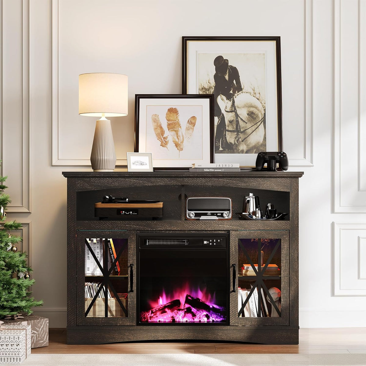 Royalcraft 47'' Farmhouse TV Stand with Fire Place, Retro TV Console with Glass Doors, Media Entertainment Center with Adjustable Shelves for 18'' Fireplace, Suitable for Living Room