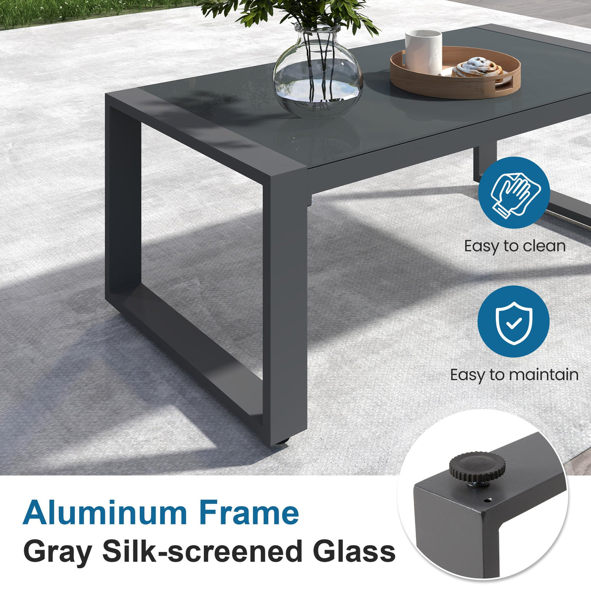 Aluminum Outdoor Patio Furniture Set with Height-adjustable Footrest for Lawn Porches Patio, 4-Seats All-weather Patio Sofa Sets with Coffee Table, Modern Outdoor Patio Conversation set, Grey