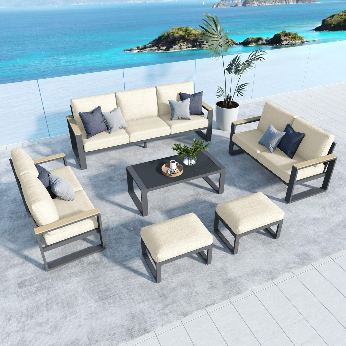 CozyHome Aluminum Patio Furniture, 6 Piece Metal Outdoor Furniture Set with Coffee Table & Ottomans, Modern Patio Sofa Sets Outdoor Conversation Set for Pool Garden Porch Backyard, Beige