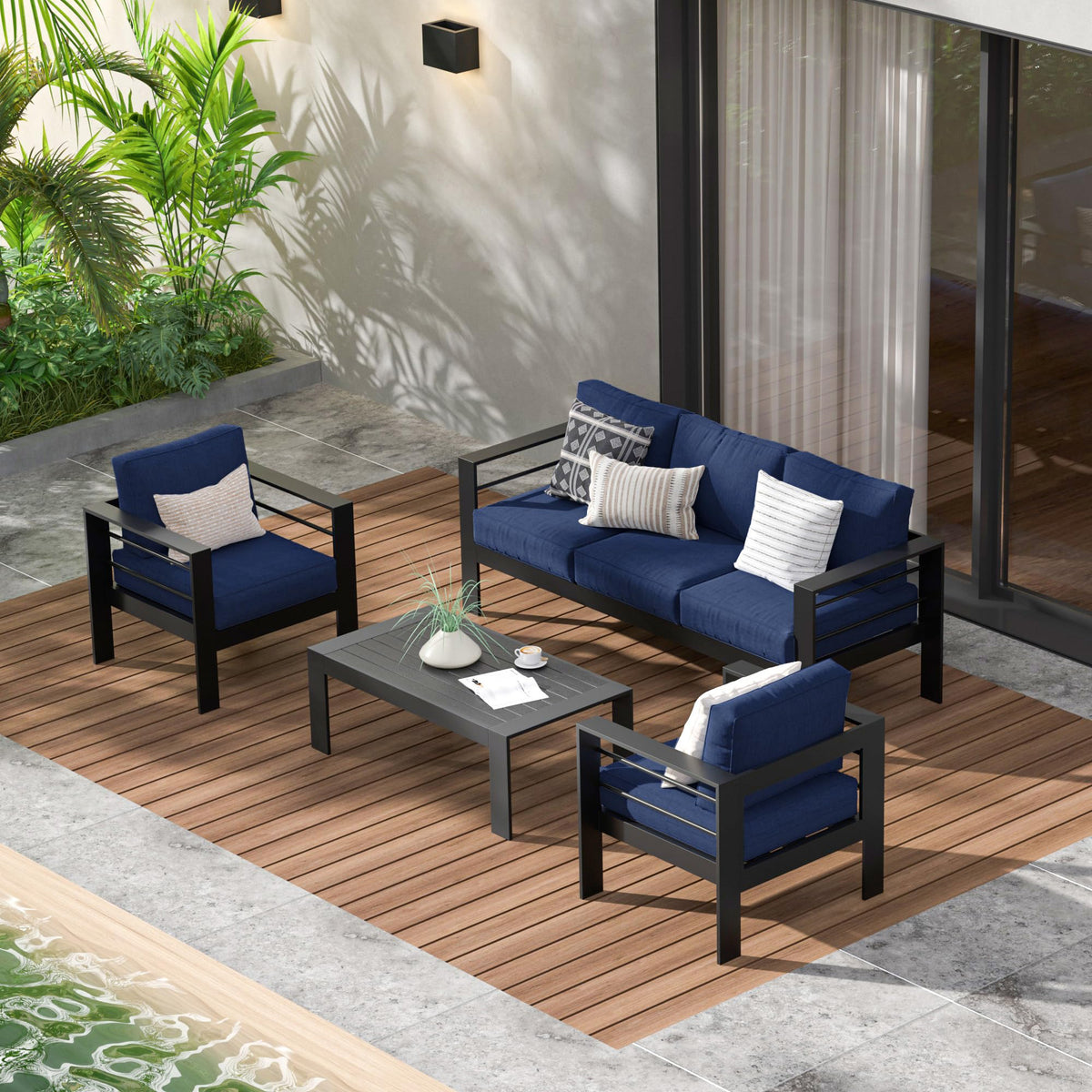 CozyHome Aluminum Outdoor Patio Furniture Set, 5 Seats Modern Patio Sectional Sofa Conversation Set, Outdoor Seating Set with Coffee Table for Deck Garden Backyard, Blue