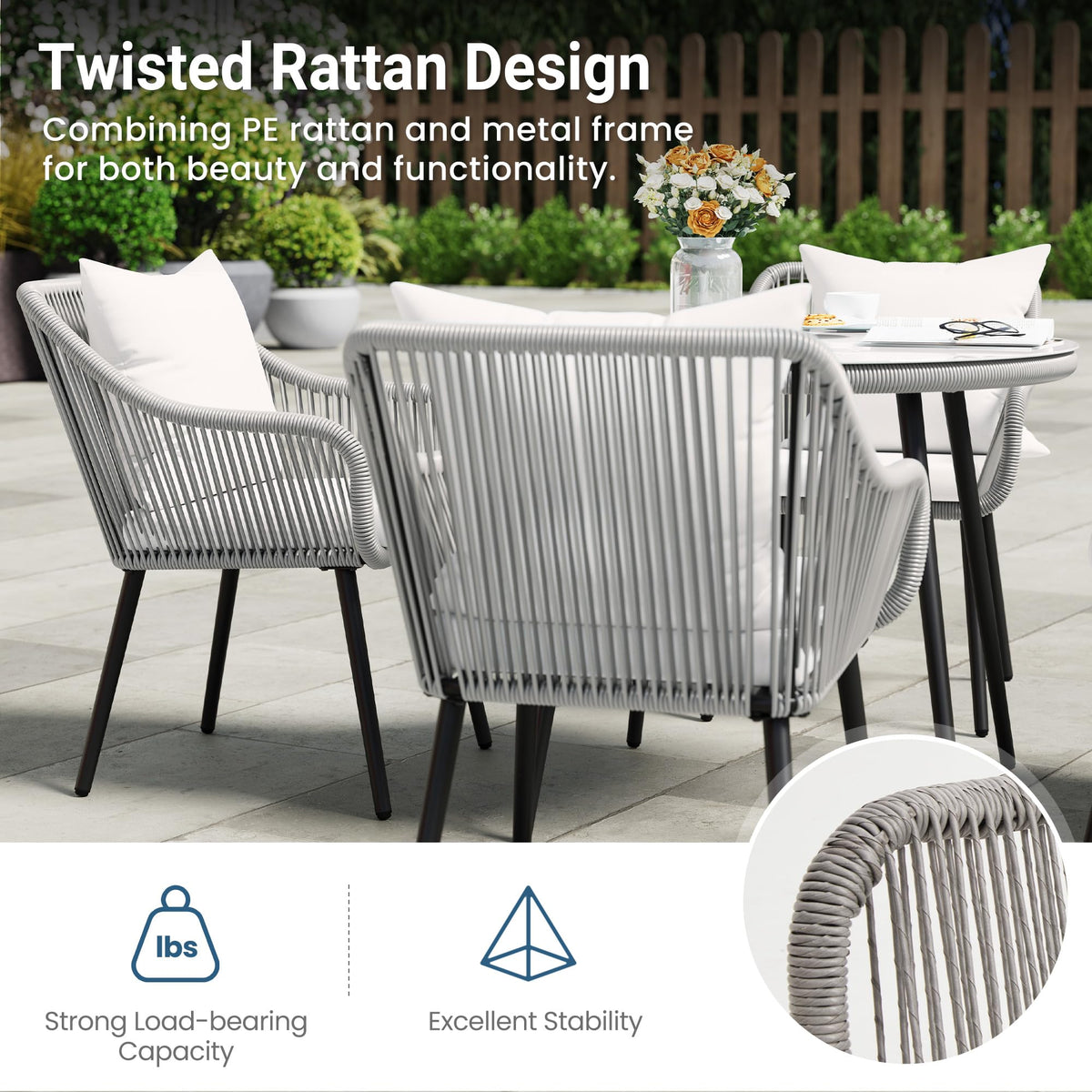 RoyalCraft 5-Piece Patio Dining Table Set, All Weather Twisted Rattan Furniture Set with Cushions, Outdoor Dining Table Chair Set with Umbrella Hole, Ideal for Backyard Balcony Deck Garden, Grey