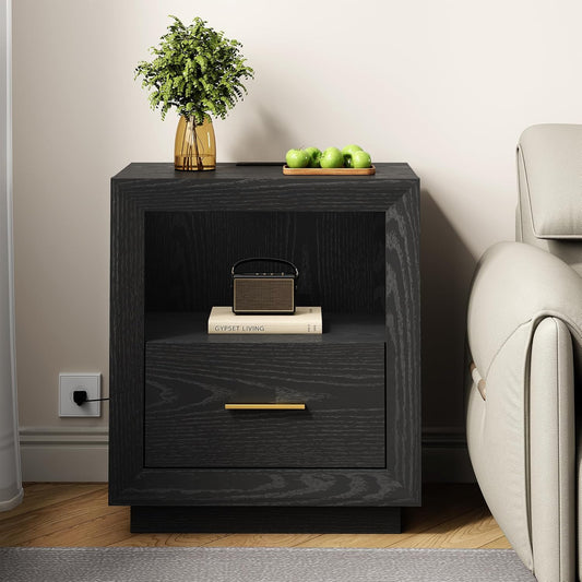 Royalcraft Nightstand with Charging Station: Bedside Table with Spacious Drawer, 2 Outlets USB Type-C, Drawer Storage Cabinet for Bedroom Living Room Dorm
