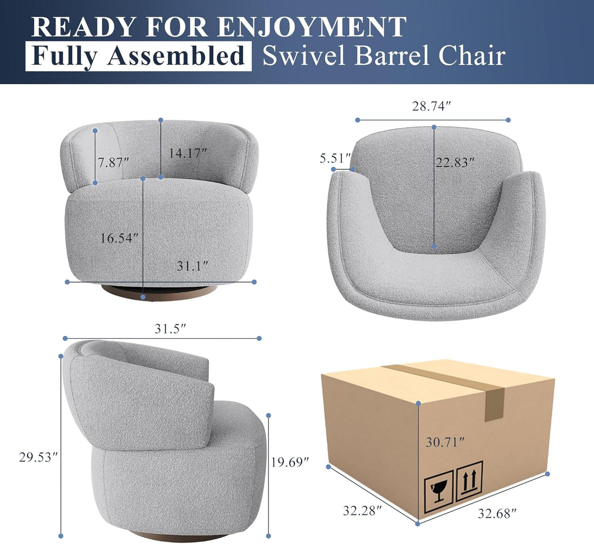 Swivel Accent Chair, Fully Assembled Round Barrel Chairs, Oversized Upholstered Armchair with 360-Degree Base, Modern Club Chair for Living Room, Bedroom, Office, Grey