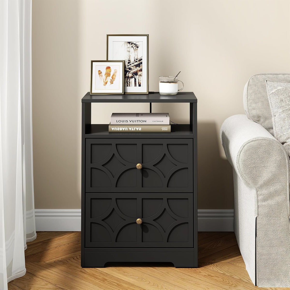 RoyalCraft Large Nightstand with 2 Drawers, Modern Side Table with Charging Station, Accent End Table with Diamond Carvings, Storage Cabinet for Living Room, Bedroom, Entryway