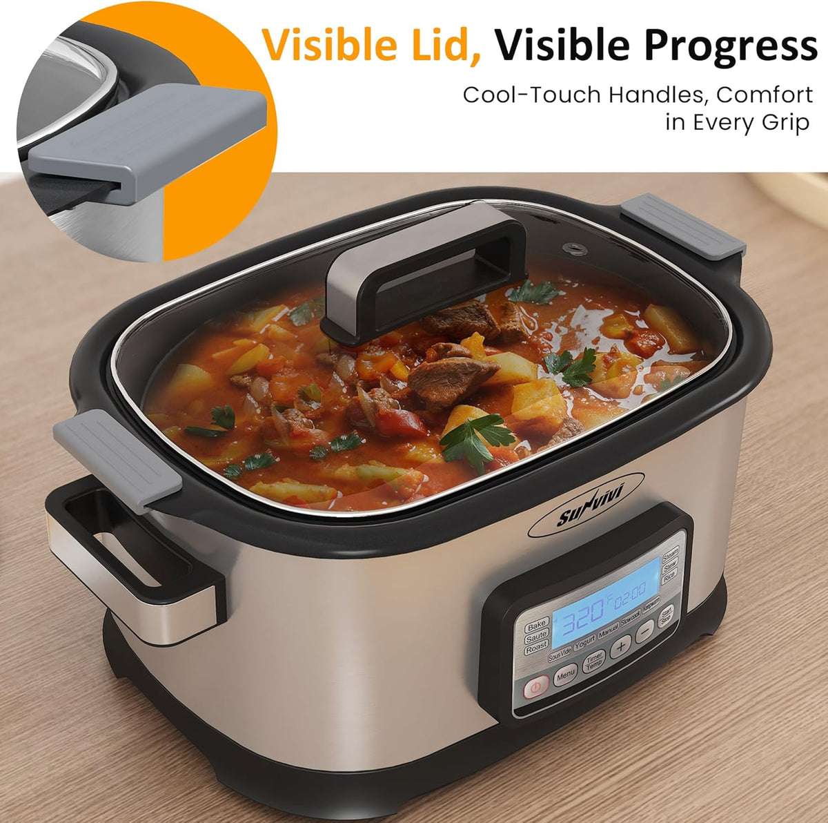 Royalcraft 11-in-1 Multi Slow Cooker Roaster Oven, 6.5QT Sliver Digital Programmable Slow Cooker with Rack, Large Removable Nonstick Crock, Glass Lid, Multicooker with Timer Temp Control, Delay Start