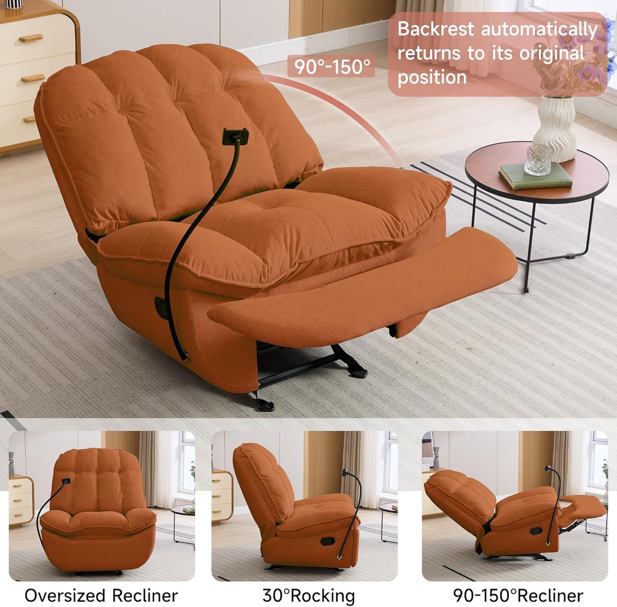 Oversized Rocker Recliner Chairs for Adults 400lbs, Rocking Recliner with Cell Phone Holder, Glider Rocker, Wide Large Single Recliner Sofa for Living Room Theater Seating