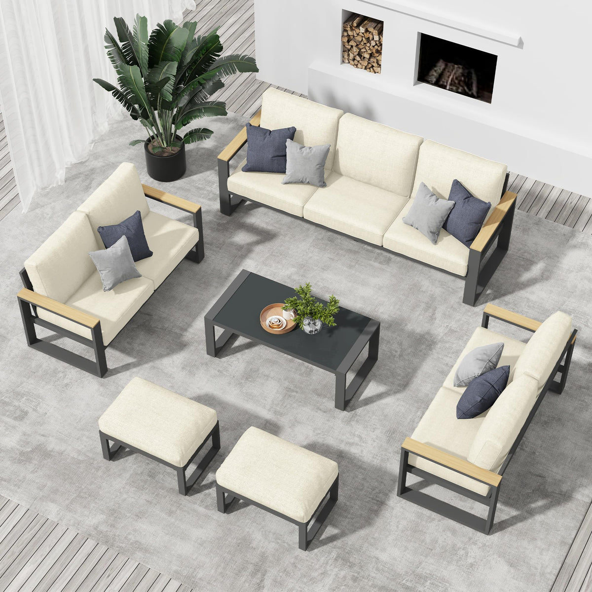CozyHome Aluminum Patio Furniture, 6 Piece Metal Outdoor Furniture Set with Coffee Table & Ottomans, Modern Patio Sofa Sets Outdoor Conversation Set for Pool Garden Porch Backyard, Beige