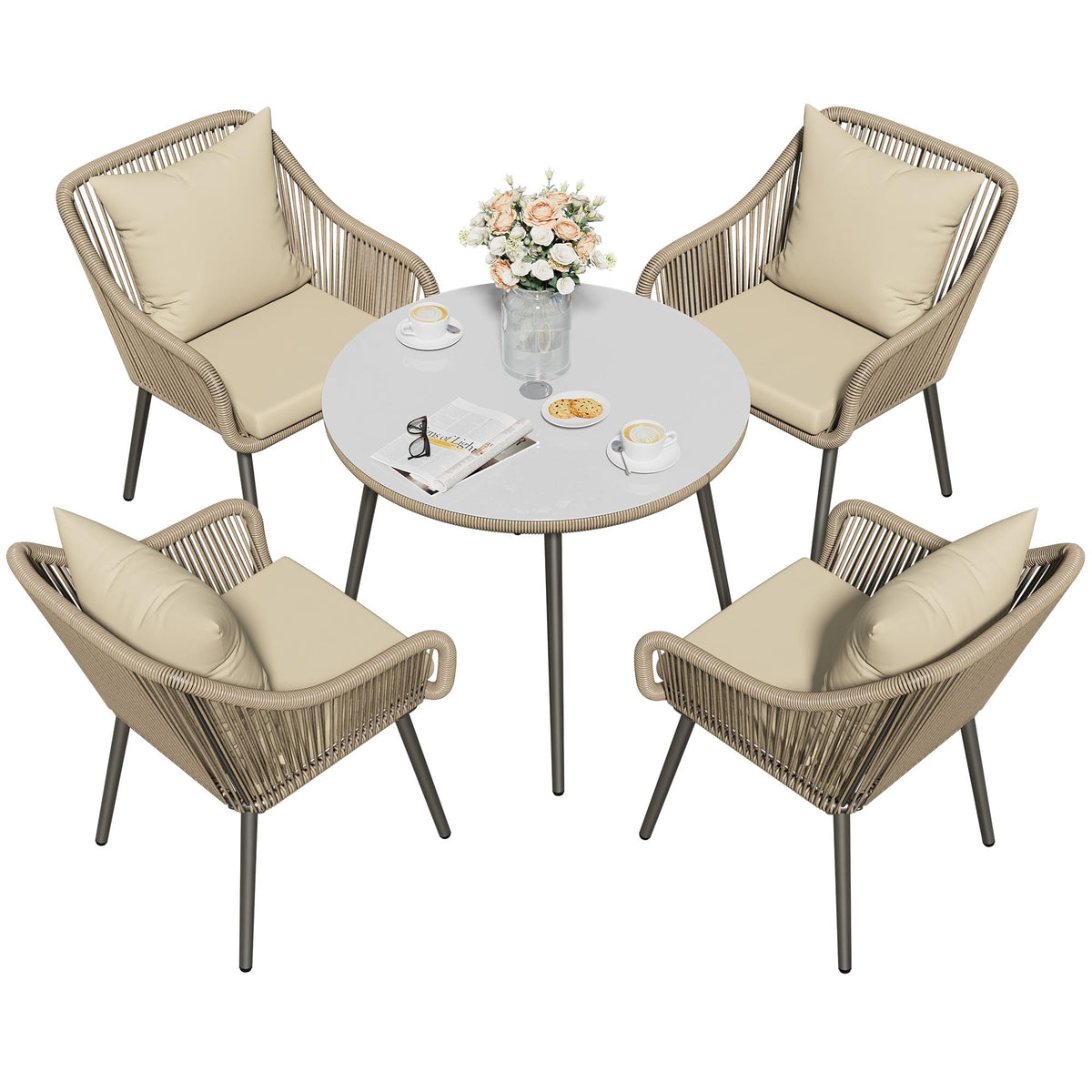 RoyalCraft 5-Piece Patio Dining Table Set, All Weather Twisted Rattan Furniture Set with Cushions, Outdoor Dining Table Chair Set with Umbrella Hole, Ideal for Backyard Balcony Deck Garden, Grey