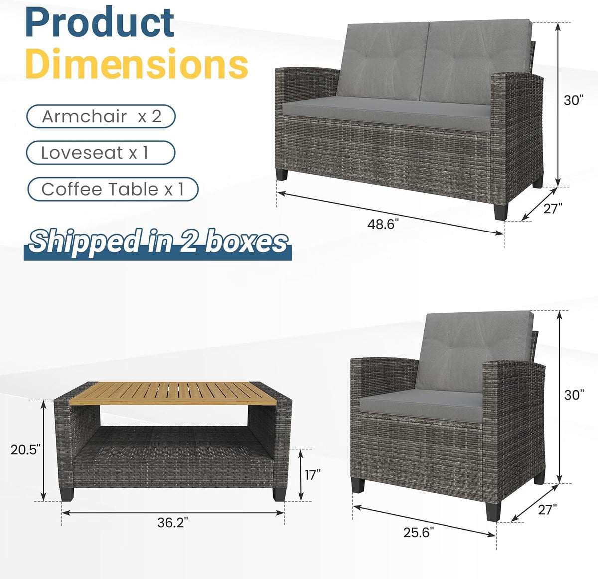 Royalcraft 4-Piece Wicker Patio Conversation Sets with Coffee Table, All Weather Patio Furniture Set with High Backrest, Outdoor Sectional Sofa Couch for Porch Balcony Backyard Deck, Grey