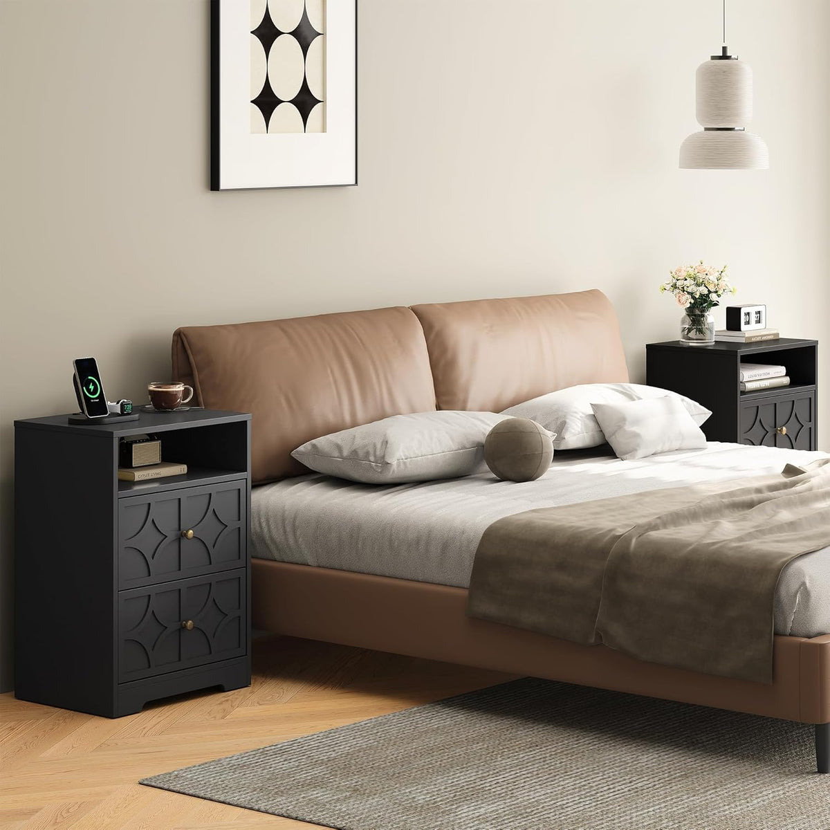 RoyalCraft Large Nightstand with 2 Drawers, Modern Side Table with Charging Station, Accent End Table with Diamond Carvings, Storage Cabinet for Living Room, Bedroom, Entryway