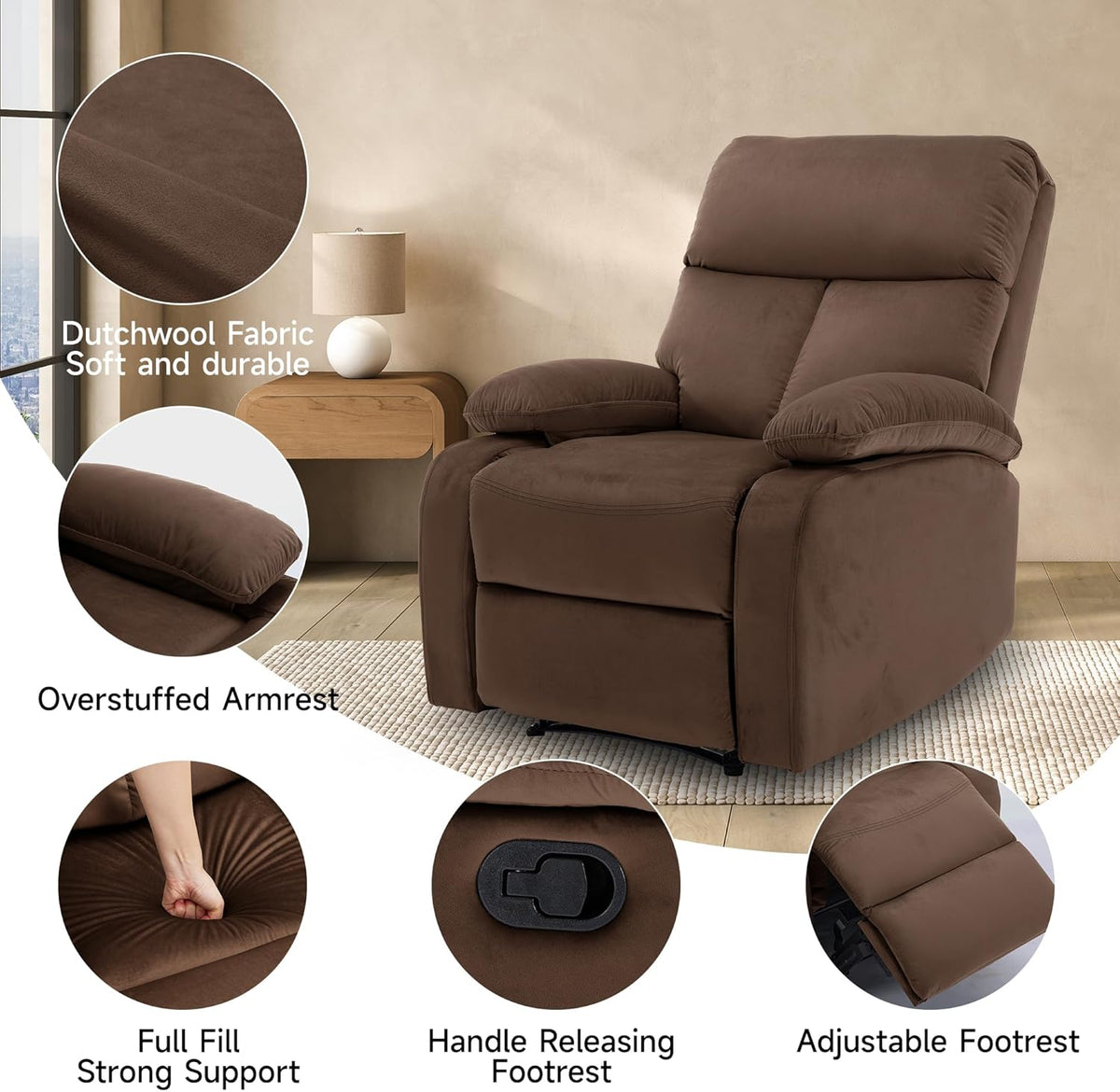 Manual Recliner Chair for Adults, Small Recliners for Small Spaces, Lazy boy Recliner Sofa Velvet Reclining Chairs for Living Room, RV, Bedroom
