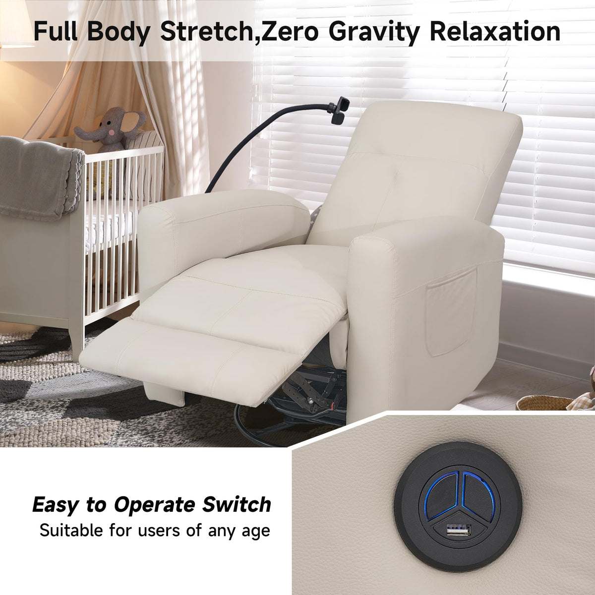 Power Swivel Glider Chair Nursery, Swivel Rocker Recliner with USB Ports, Rocking Chair with Microfiber Leather, Waterproof, Living Room, Nursery