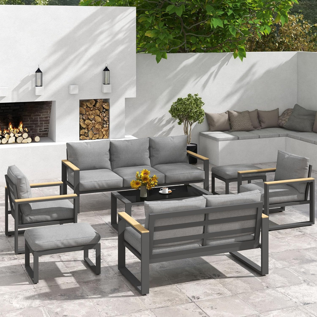 CozyHome Aluminum Outdoor Coffee Table, All-Weather Metal Rectangular Patio Side Table with Tempered Glass Top, Patio Tables for Porch Backyard Garden, Beige
