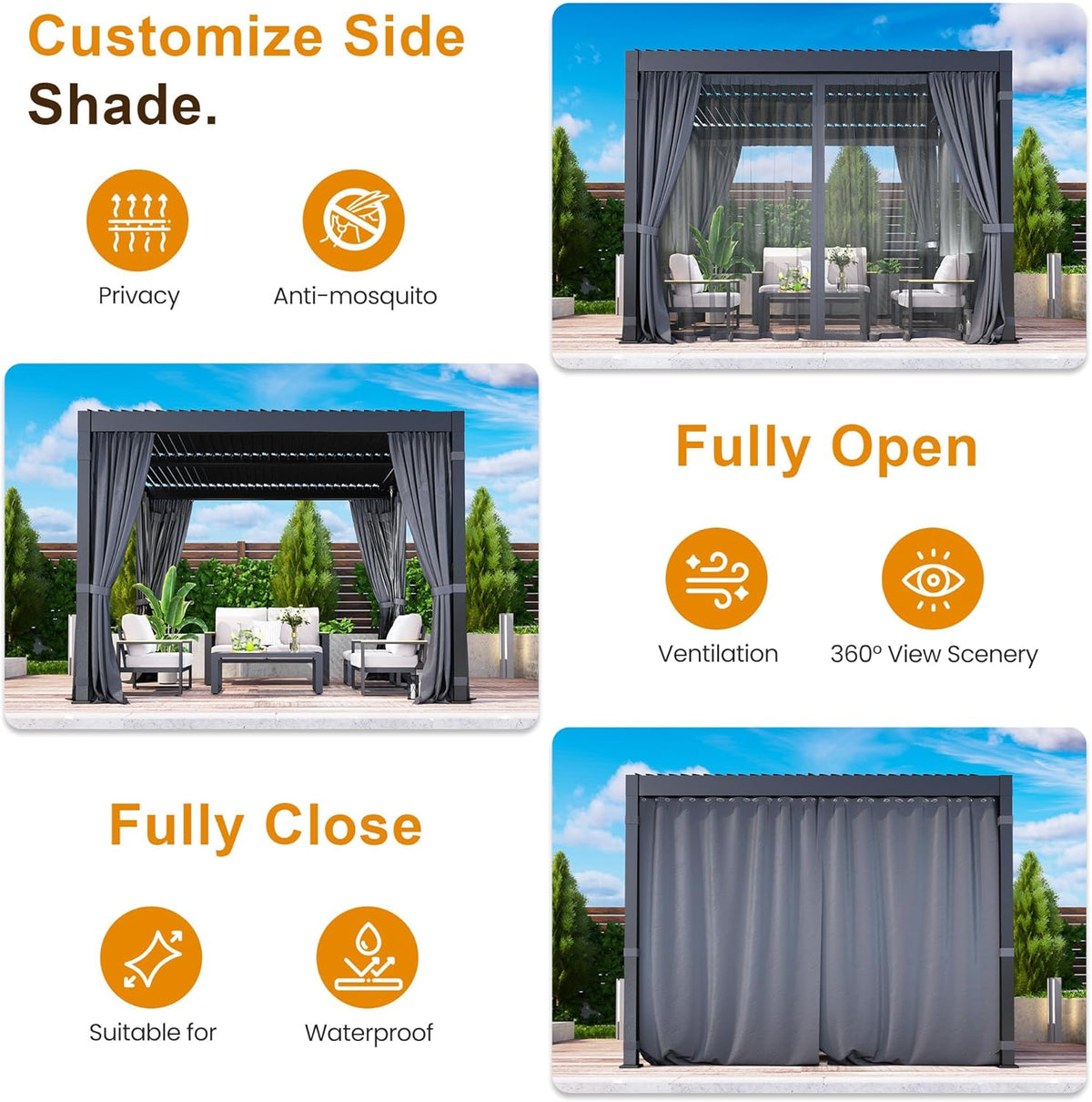 RoyalCraft Louvered Pergola 10'x 12' with Curtains & Netting, Aluminum Outdoor Pergola with Adjustable Rainproof and Gutter System, Metal Hardtop Gazebo for Patio, Deck, Garden, Yard, Black