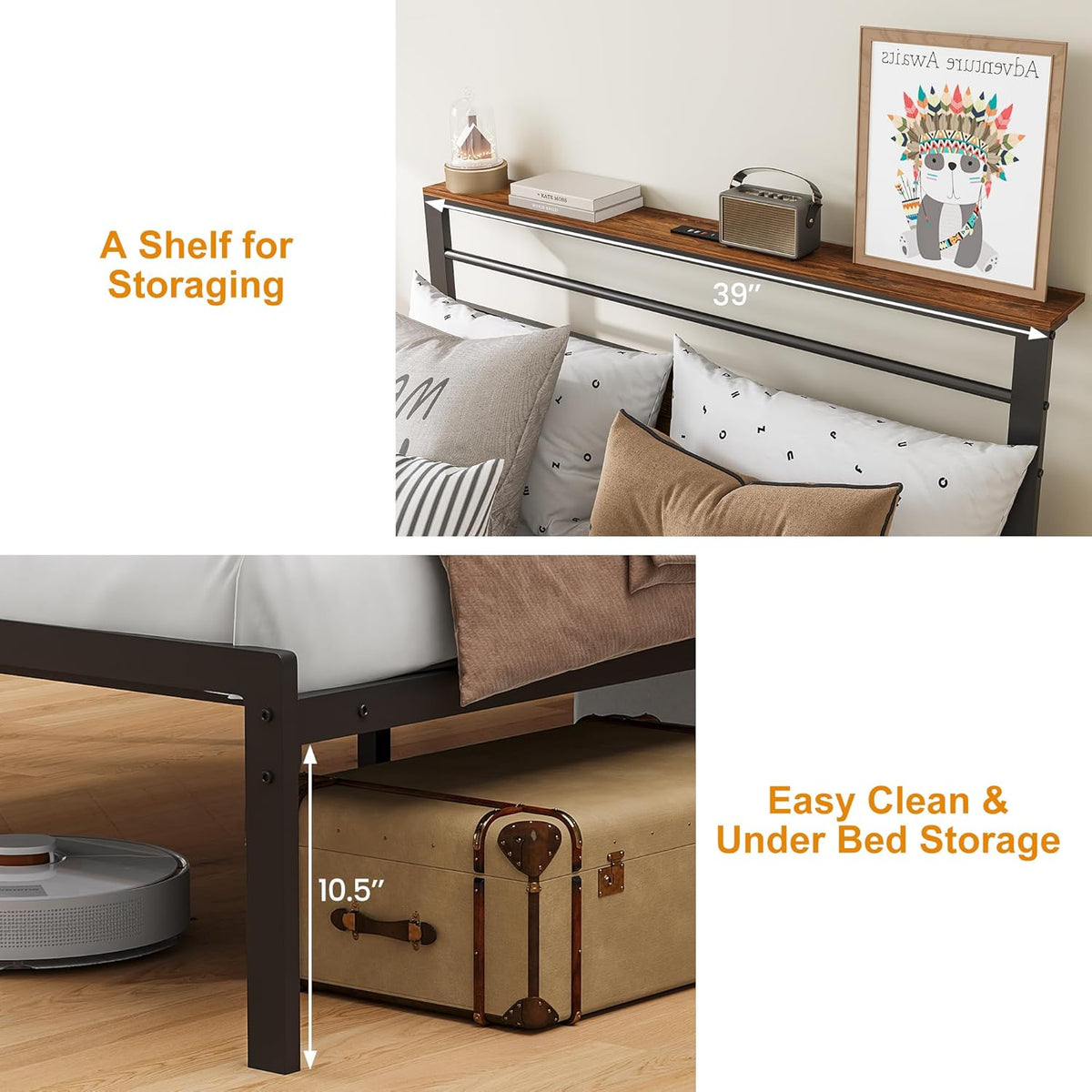 Royalcraft Bed Frame with Charging Station, Platform Bed with Metal Slats, Upholstered Headboard with Storage Shelves, No Box Spring Needed