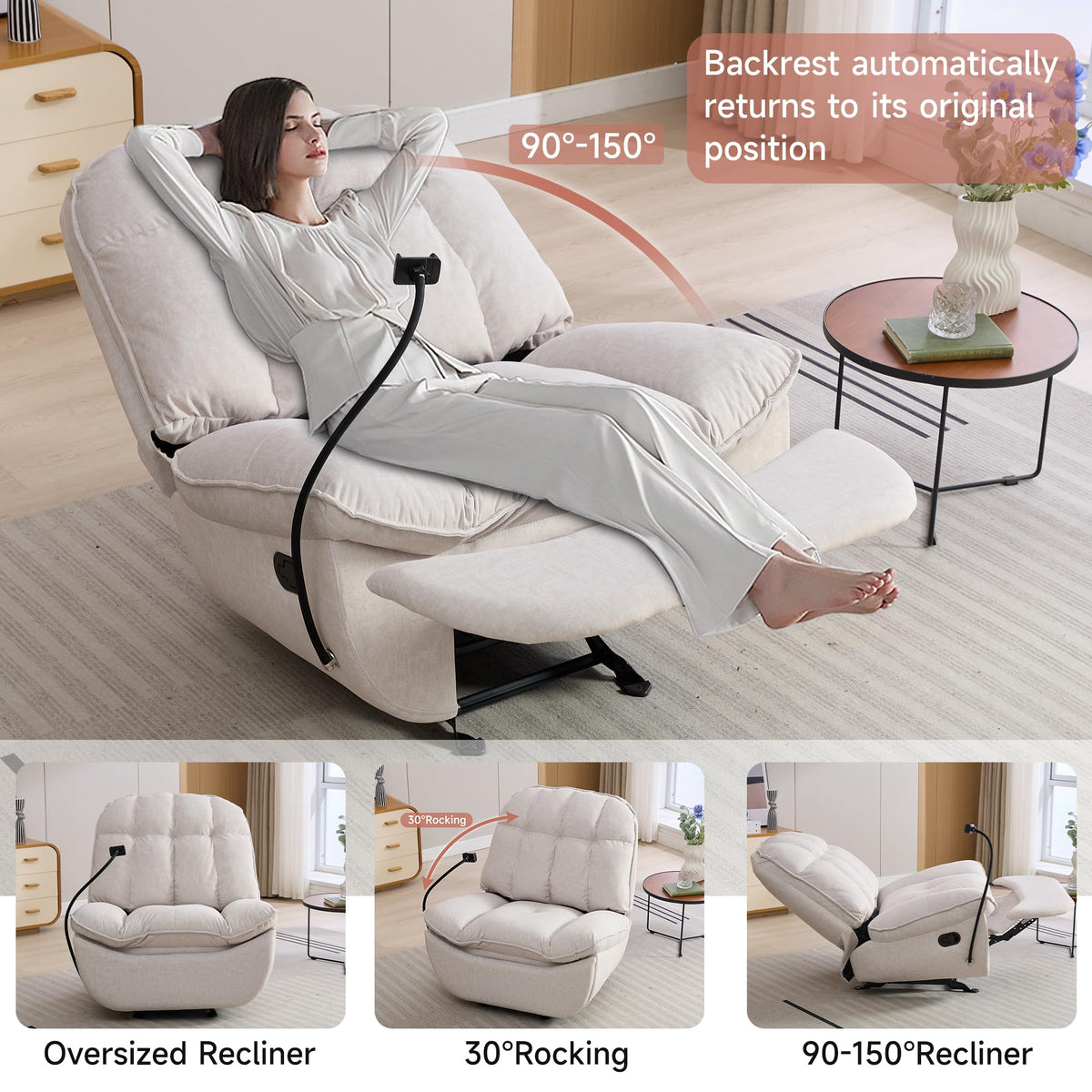Oversized Rocker Recliner Chairs for Adults 400lbs, Rocking Recliner with Cell Phone Holder, Glider Rocker, Wide Large Single Recliner Sofa for Living Room Theater Seating