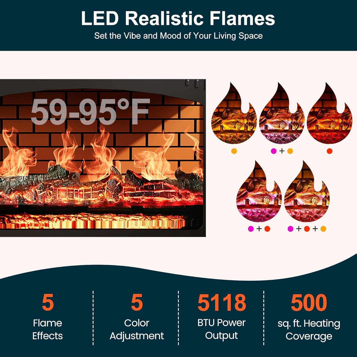 Royalcraft Freestanding Electric Fireplace Heater, Portable Electric Stove with Realistic 3D Flame Effect and Infrared Heating, Classic Mantel Design for Living Room and Bedroom