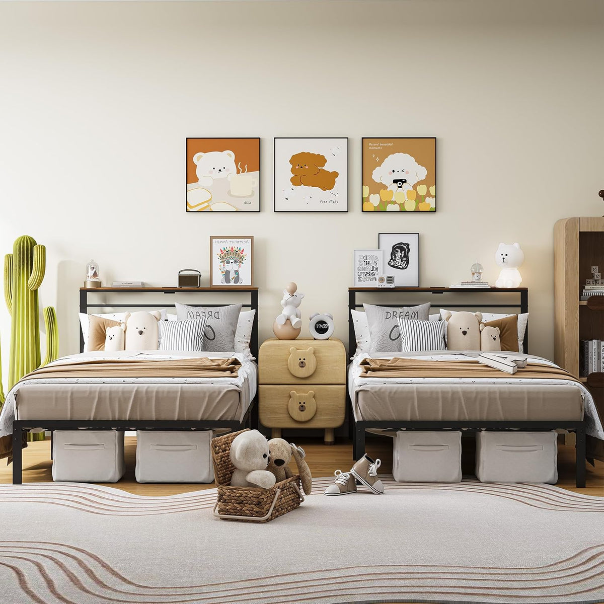 Royalcraft Bed Frame: Industrial Platform Bed w/ Wood Headboard, Storage Shelves, LED lights, and Steel Slats, No Box Spring Needed, Easy Assembly