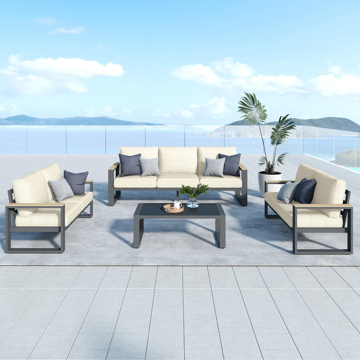 CozyHome Aluminum Patio Furniture Set, 7-Seats Metal Outdoor Furniture Set with Coffee Table, Modern Patio Sofa Sets Outdoor Conversation Set for Garden Pool Porch Backyard, Beige