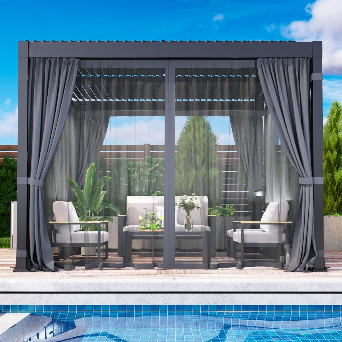 RoyalCraft Louvered Pergola 10'x 12' with Curtains & Netting, Aluminum Outdoor Pergola with Adjustable Rainproof and Gutter System, Metal Hardtop Gazebo for Patio, Deck, Garden, Yard, Black