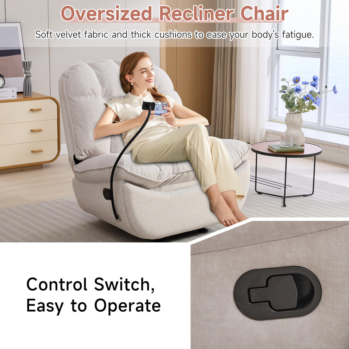 Oversized Rocker Recliner Chairs for Adults 400lbs, Rocking Recliner with Cell Phone Holder, Glider Rocker, Wide Large Single Recliner Sofa for Living Room Theater Seating