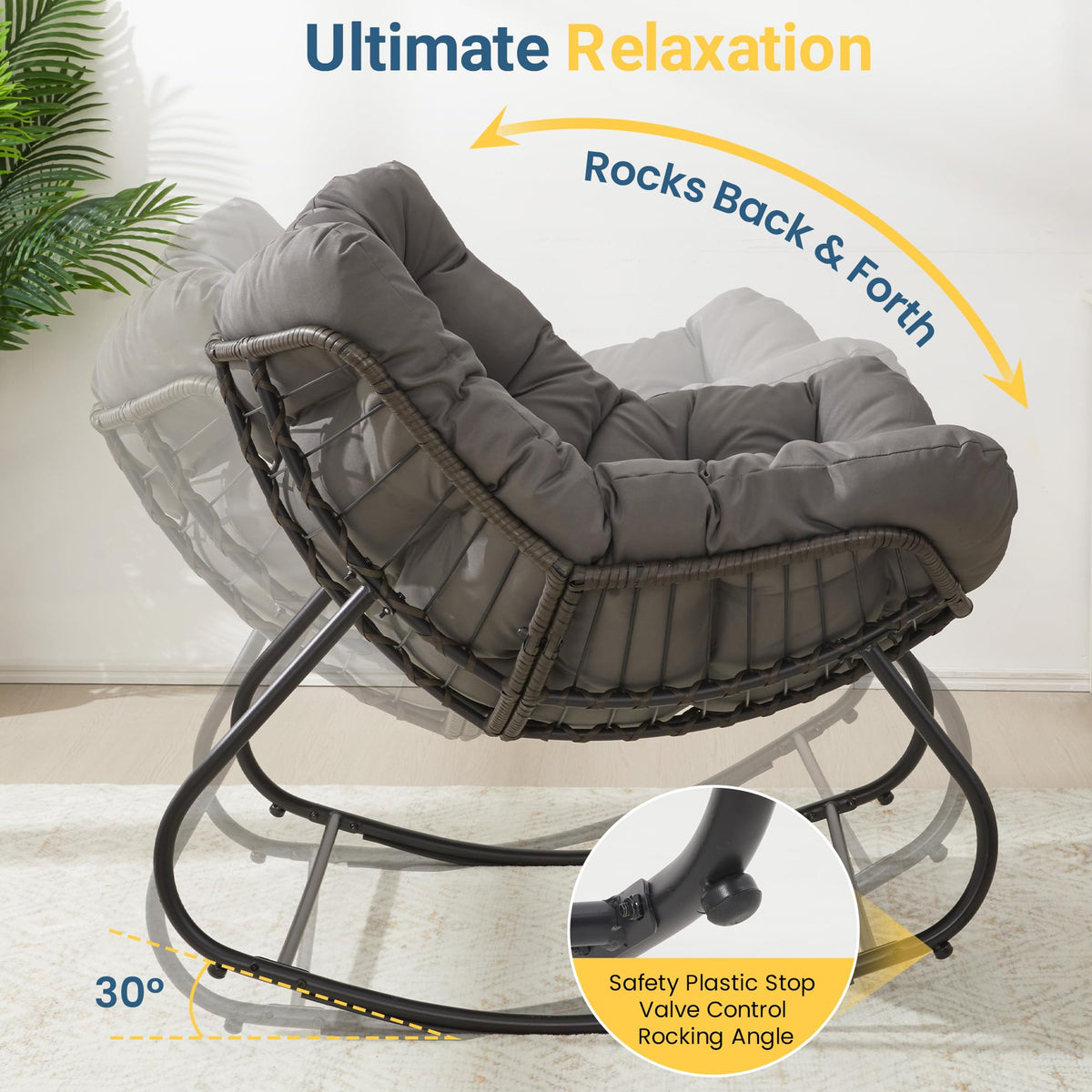 RoyalCraft Patio Rocking Chair with Ottoman, Outdoor Indoor Rocking Egg Chair with Cushions, Metal Lounge Chair Oversized Papasan Chair, Outdoor Wicker Reading Chair for Porch Garden, Dark Grey