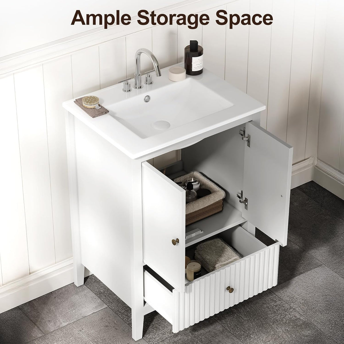 Royalcraft 24'' Bathroom Vanity with Sink, Modern Bathroom Vanity Sink Cabinet with Doors and Fluted Drawers, Free Standing Bathroom Storage Cabinet with Sink Combo Set, White