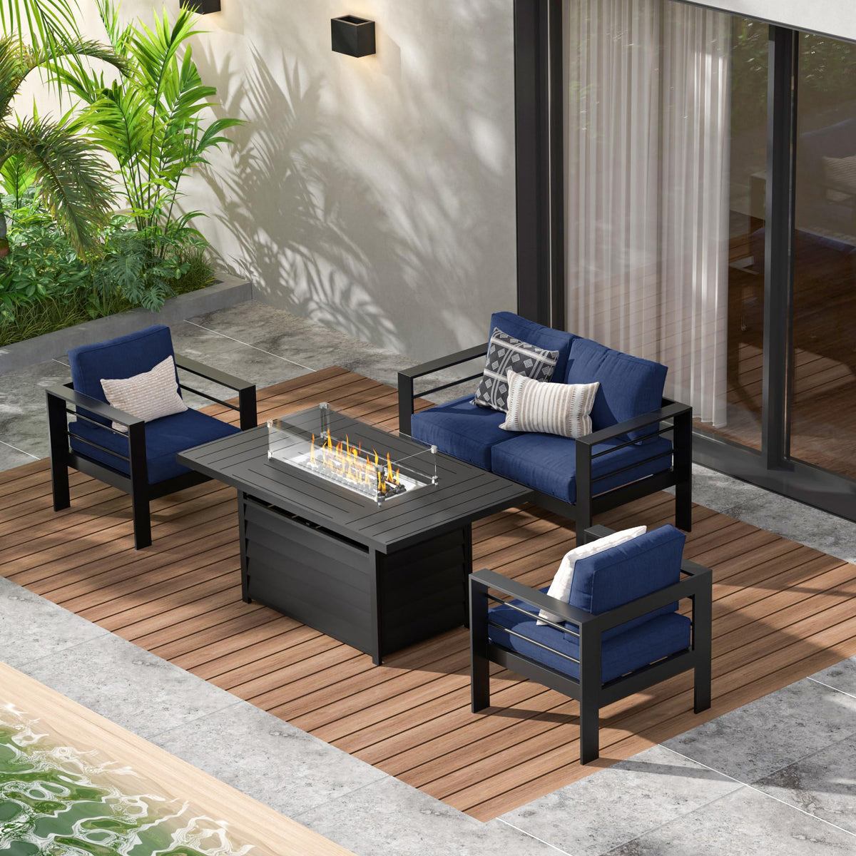 CozyHome Aluminum Outdoor Patio Furniture Set, 4 Pieces Modern Patio Sectional Sofa Conversation Set, Outdoor Seating Set with Fire Pit Table for Deck Garden Backyard, Beige