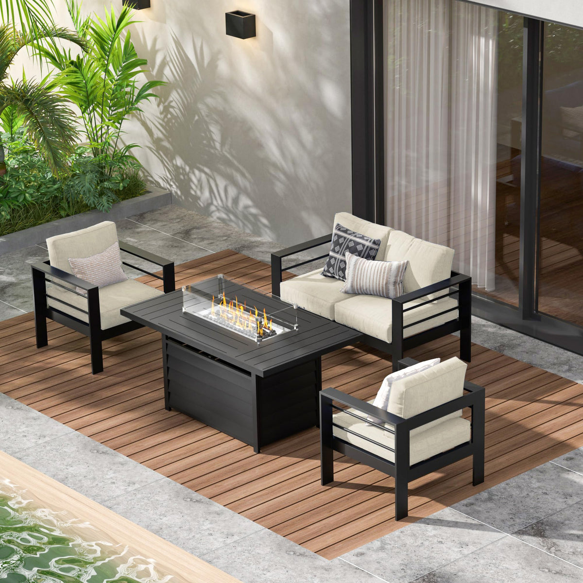 CozyHome Aluminum Outdoor Patio Furniture Set, 5 Pieces Modern Patio Sectional Sofa Conversation Set, Outdoor Seating Set with Coffee Table for Deck Garden Backyard, Blue