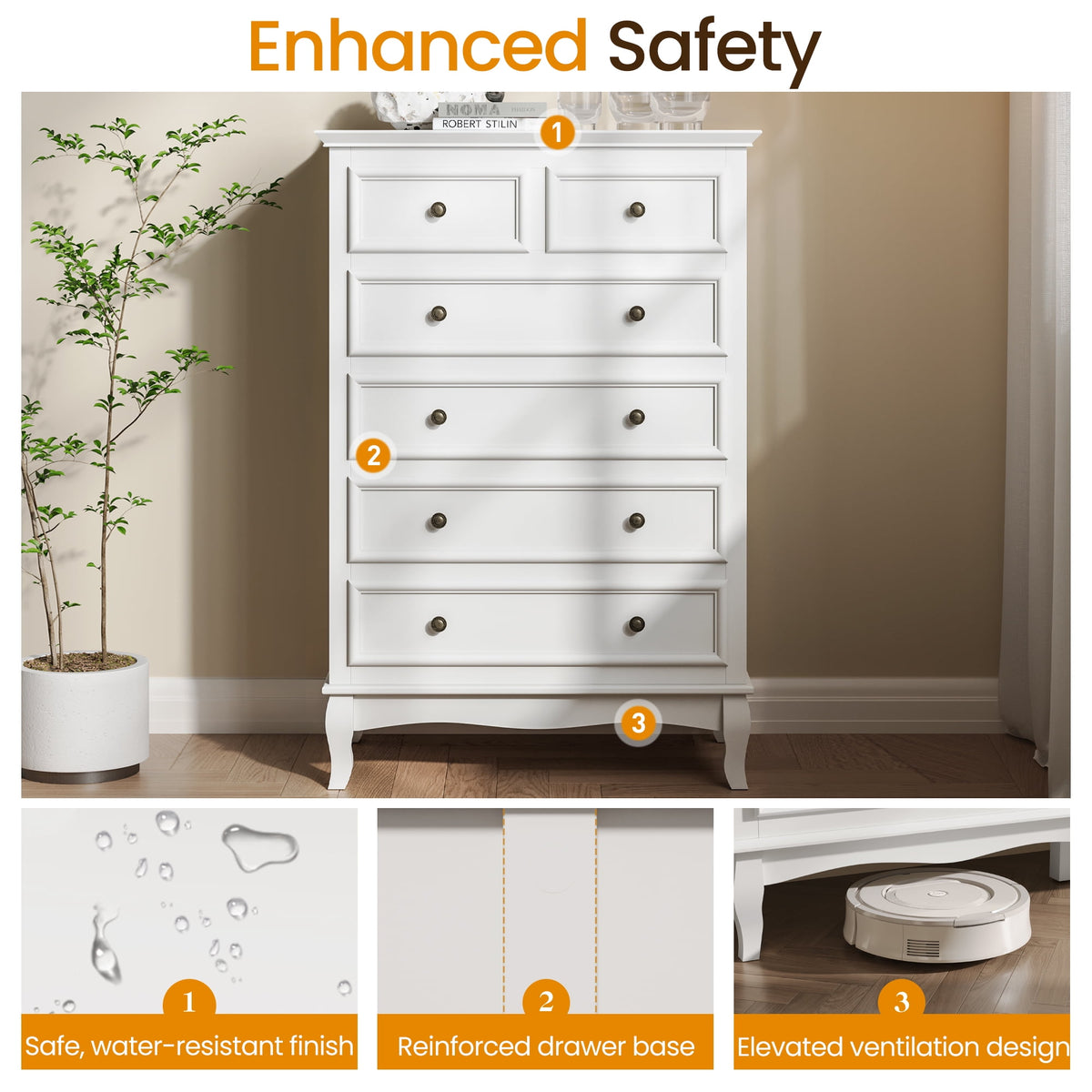 RoyalCraft White 6 Drawer Dresser, Large Storage Chest with Ball Bearing Slide, Wide Chest of Drawers, Modern Wood Dresser for Bedroom, Living Room, Hallway, Entryway, White