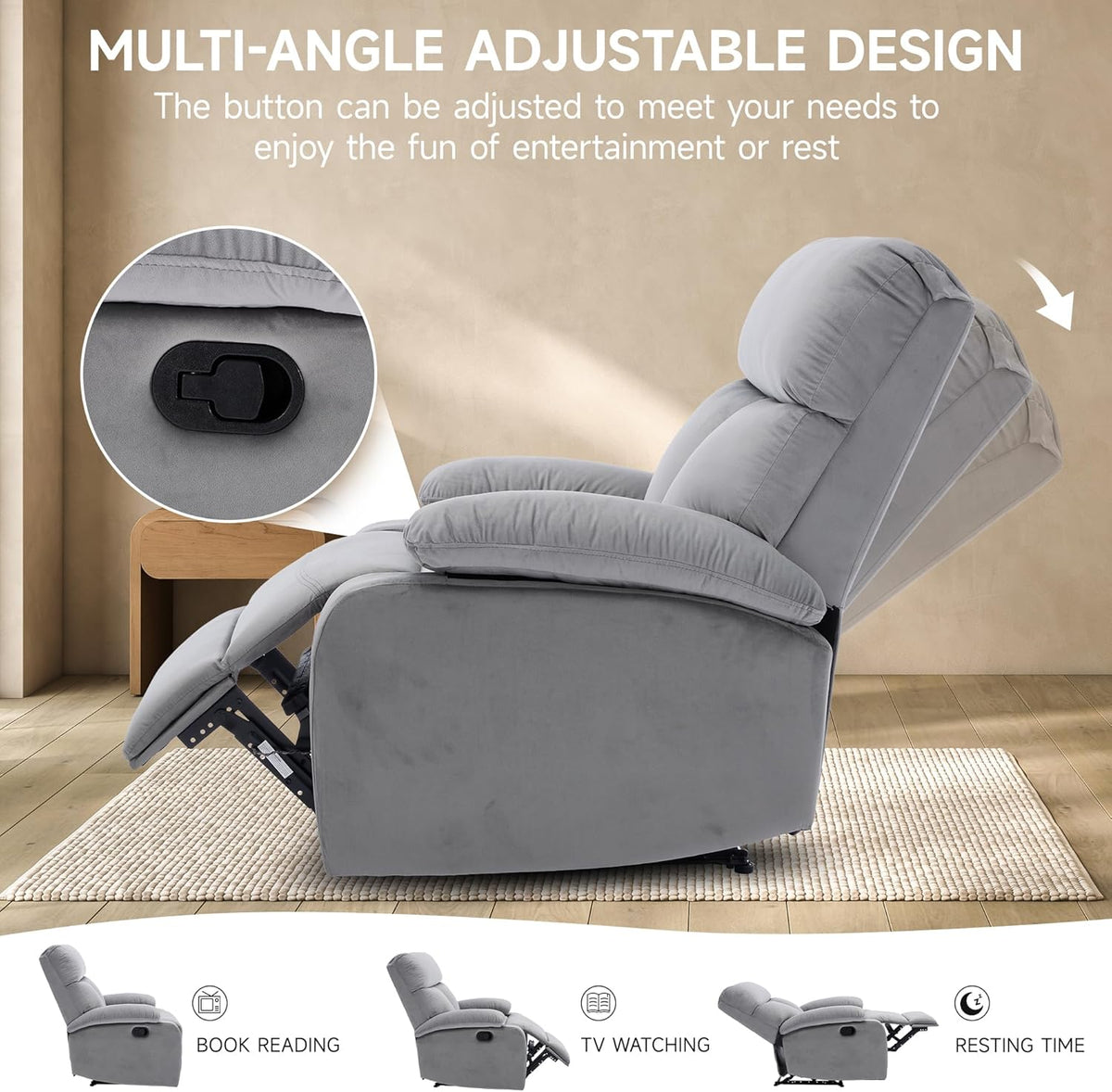 Manual Recliner Chair for Adults, Small Recliners for Small Spaces, Lazy boy Recliner Sofa Velvet Reclining Chairs for Living Room, RV, Bedroom