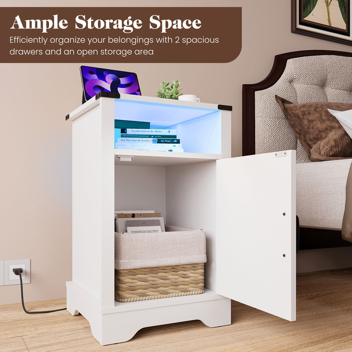 LED Nightstand with Charging Station, Farmhouse Wooden Side Table, Bedside Table with Storage Cabinet and Shelf, Rustic End Table for Bedroom, Living Room