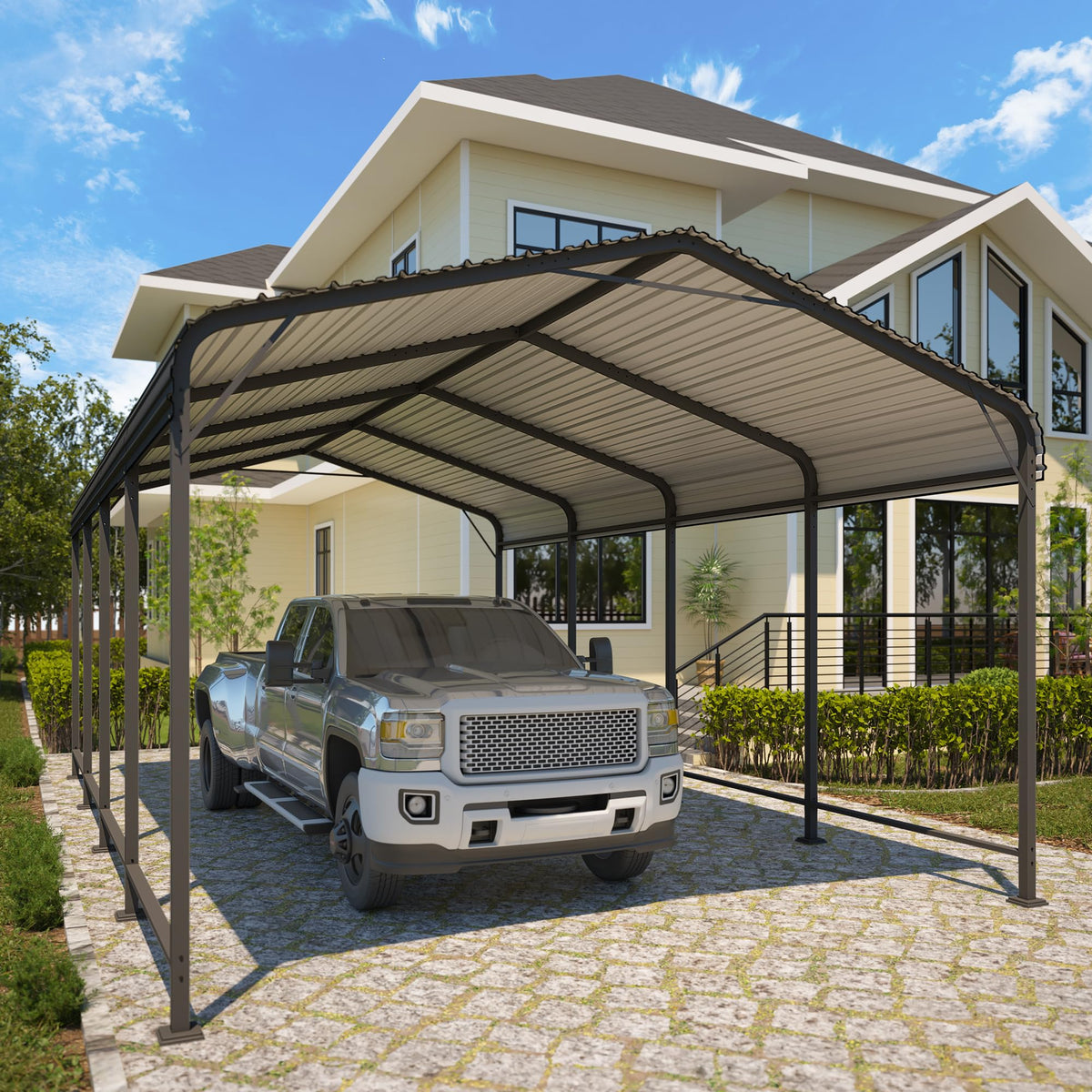 CozyHome 12x20 FT Metal Carport, Heavy Duty Canopy with Updated Roof & Enhanced Base, Multi-Use Carport Garage for Car, Truck, Boat, Tractors, Party, Grey