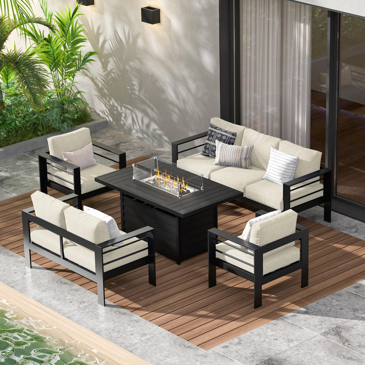 CozyHome Aluminum Outdoor Patio Furniture Set, 7 Seats Modern Patio Sectional Sofa Conversation Set, Outdoor Seating Set with Fire Pit Table for Deck Garden Backyard, Beige