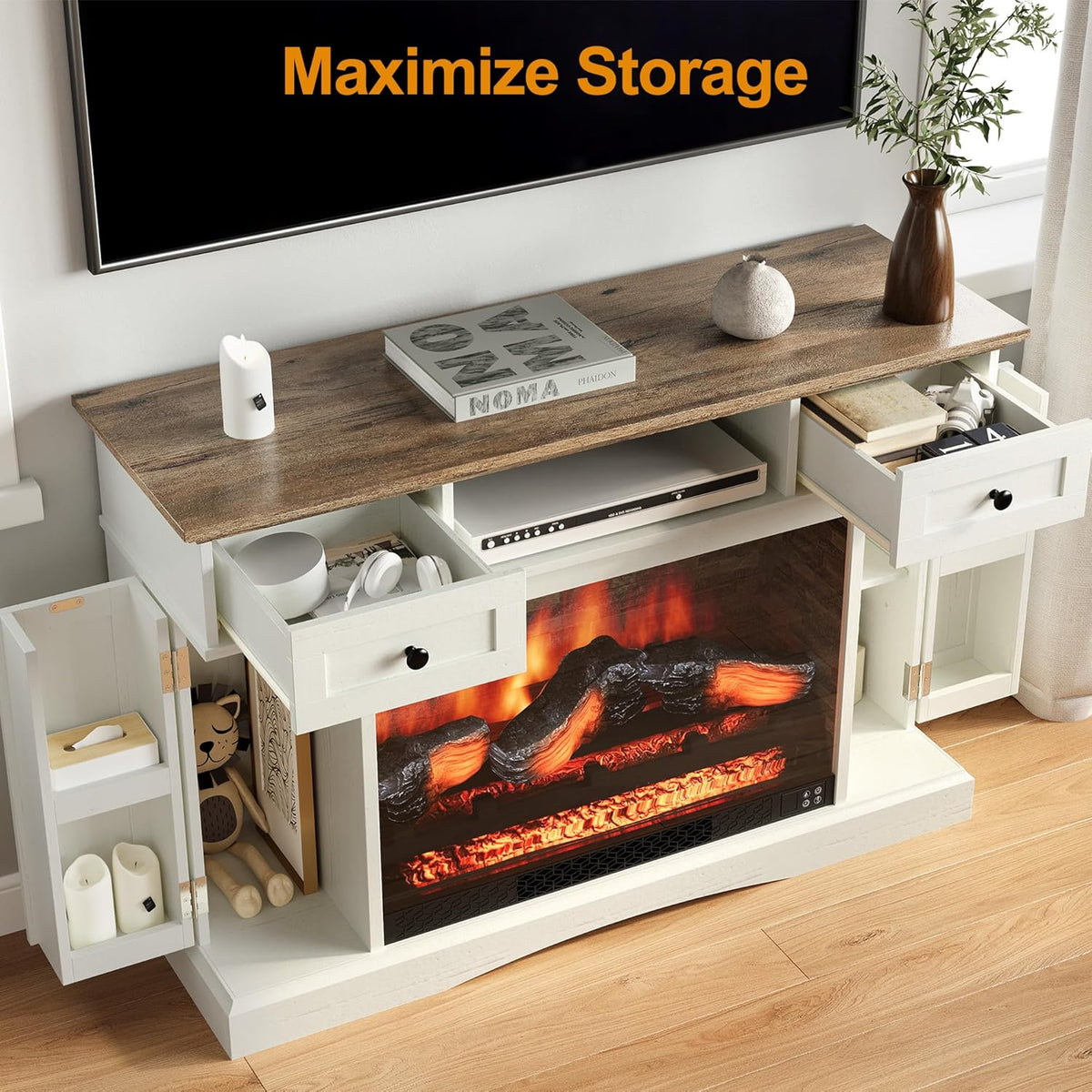 RoyalCraft TV Stand with 28'' Fireplace for TVs up to 55'', Media Console Table with Adjustable Shelves, Double-door Design, Entertainment Center for Living Room, Bedroom